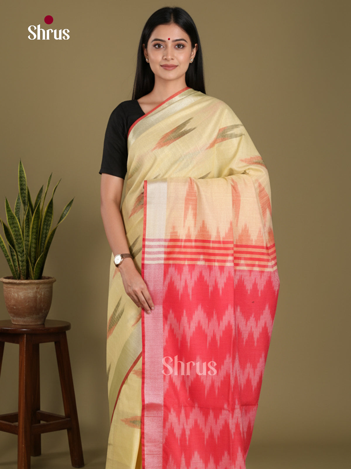 Light Yellow & Pink - Semi Ikkat Saree