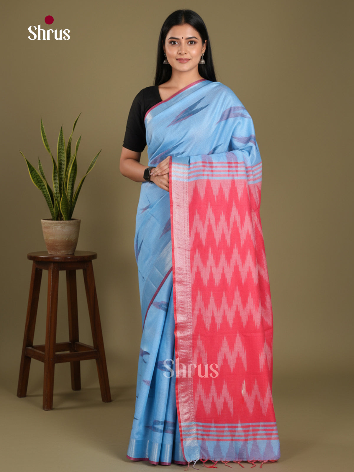 Blue & Pink - Semi Ikkat Saree