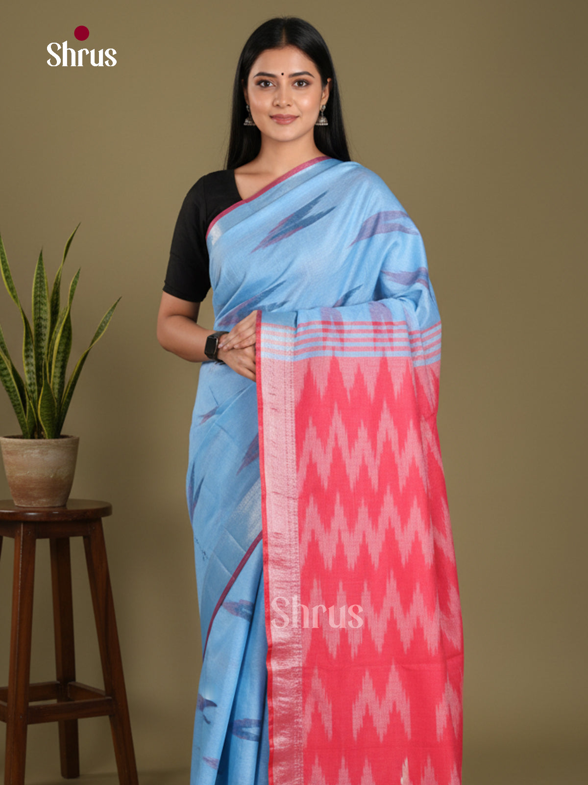 Blue & Pink - Semi Ikkat Saree