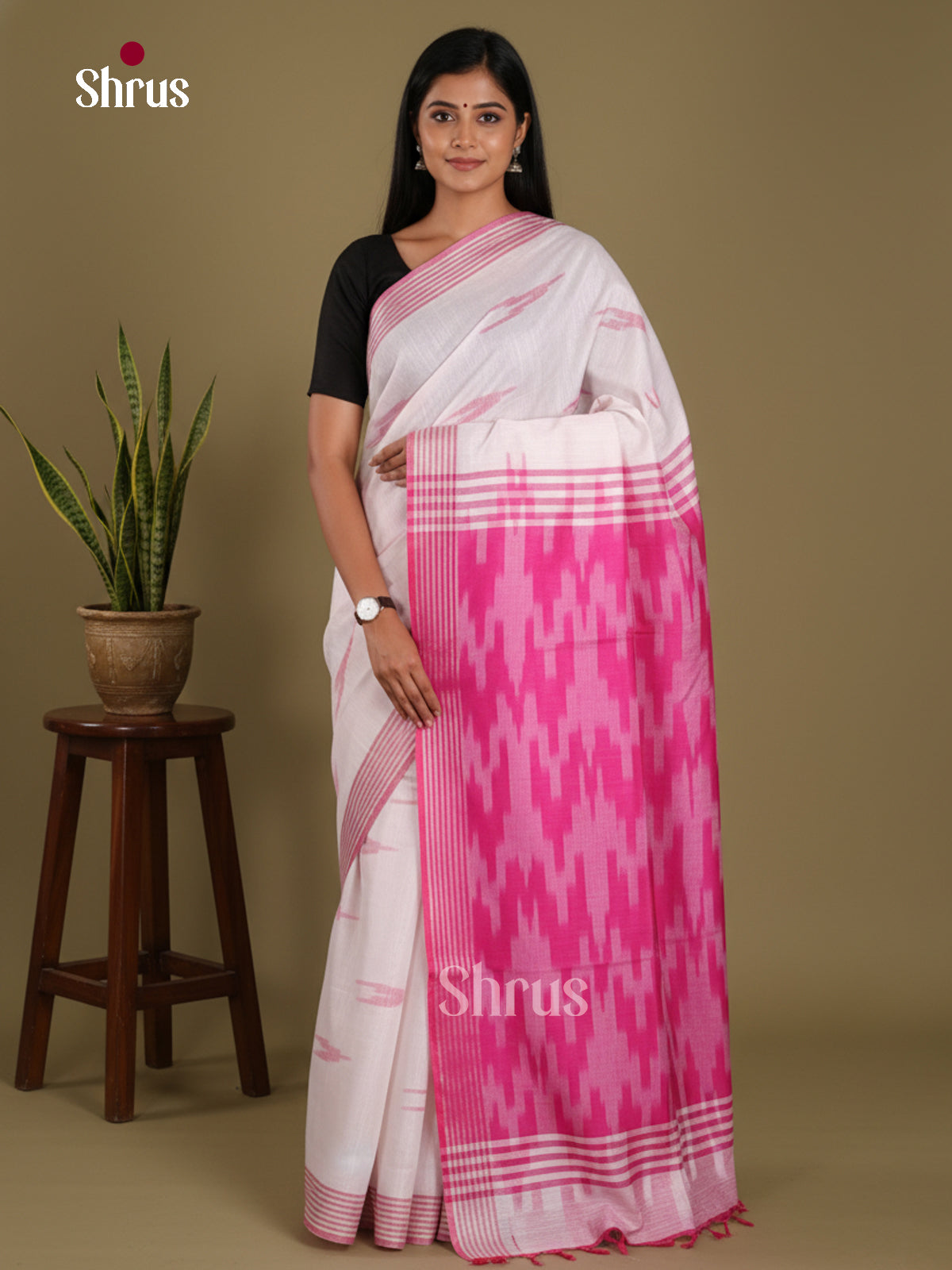 White & Pink - Semi Ikkat Saree