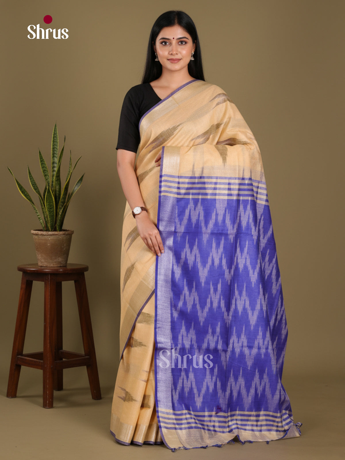 Sandal & Blue - Semi Ikkat Saree