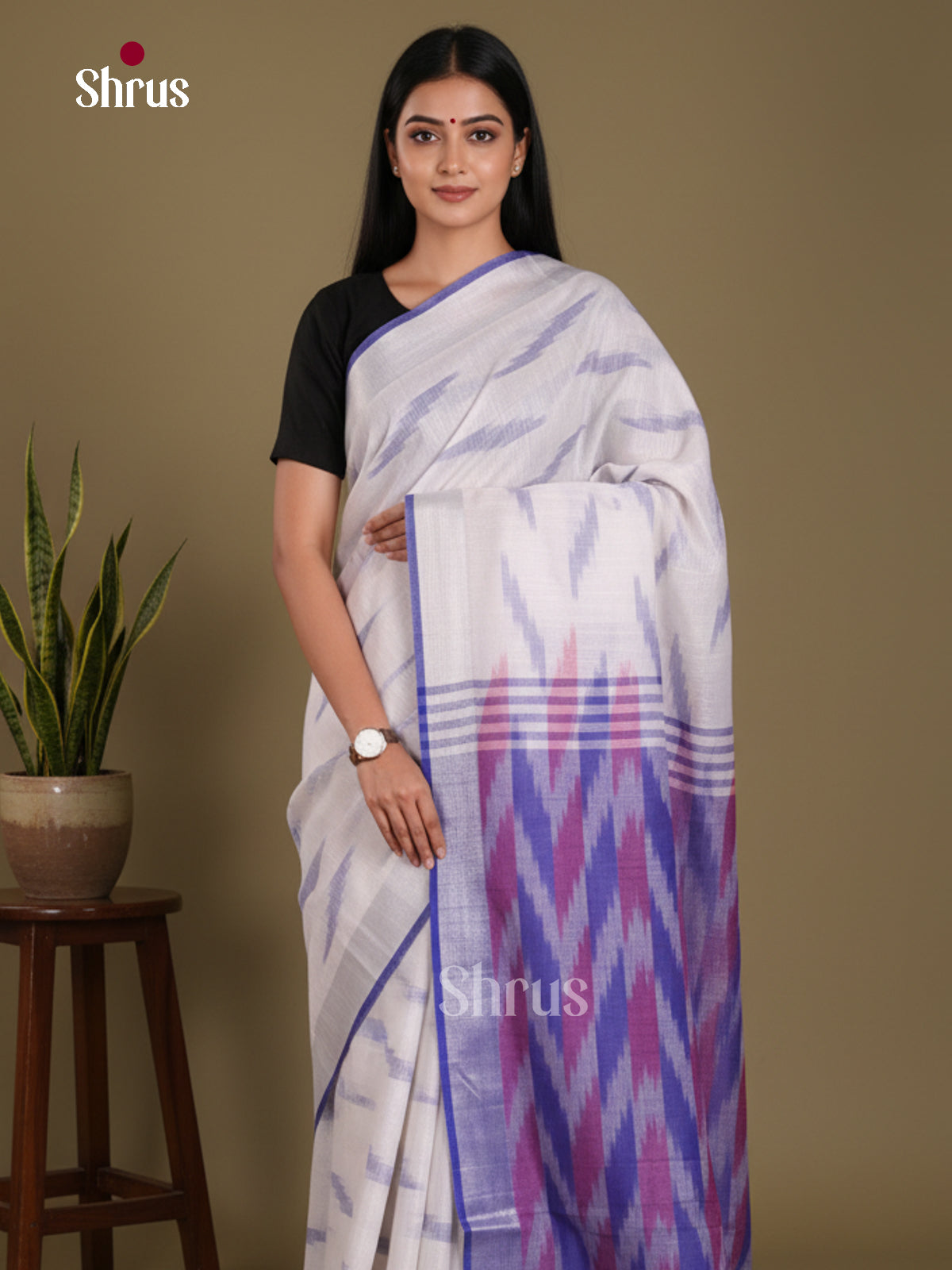 White & Blue - Semi Ikkat Saree