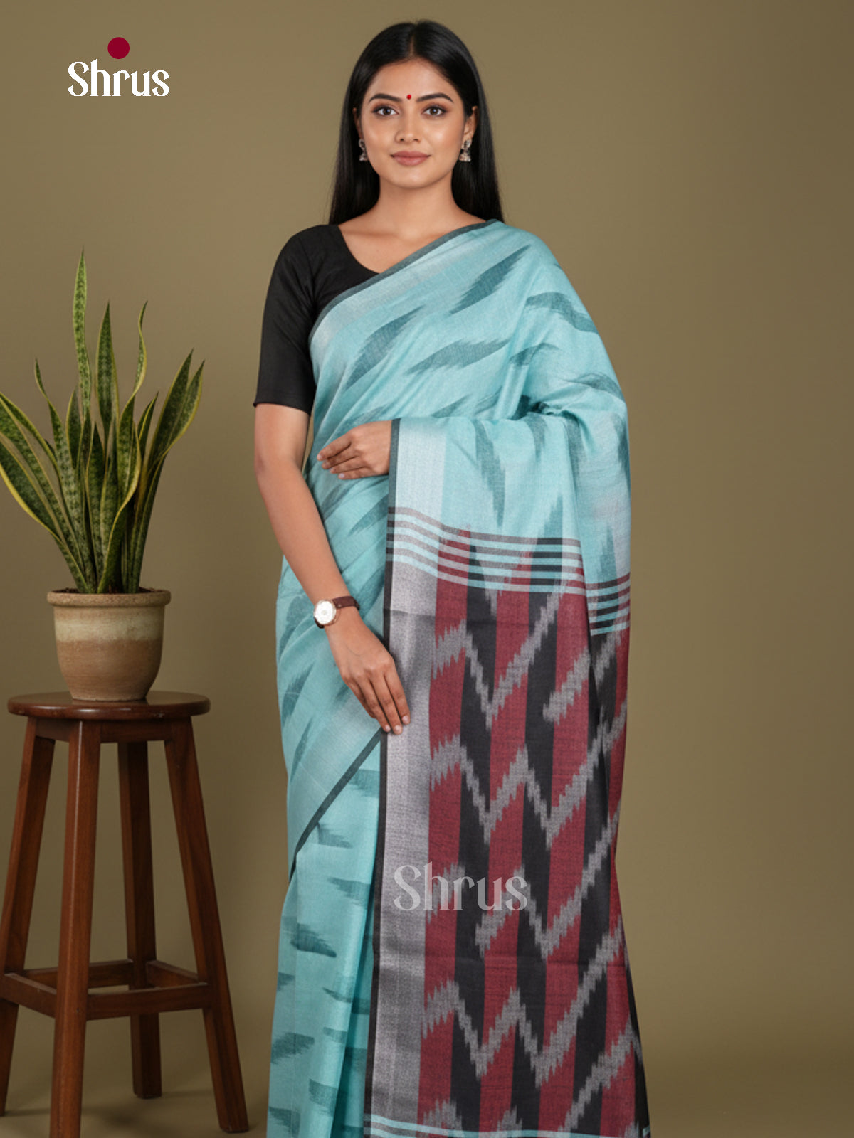 Sky Blue & Grey - Semi Ikkat Saree