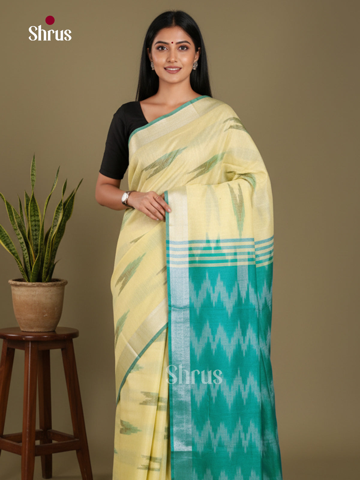 Yellow & Teal Green - Semi Ikkat Saree