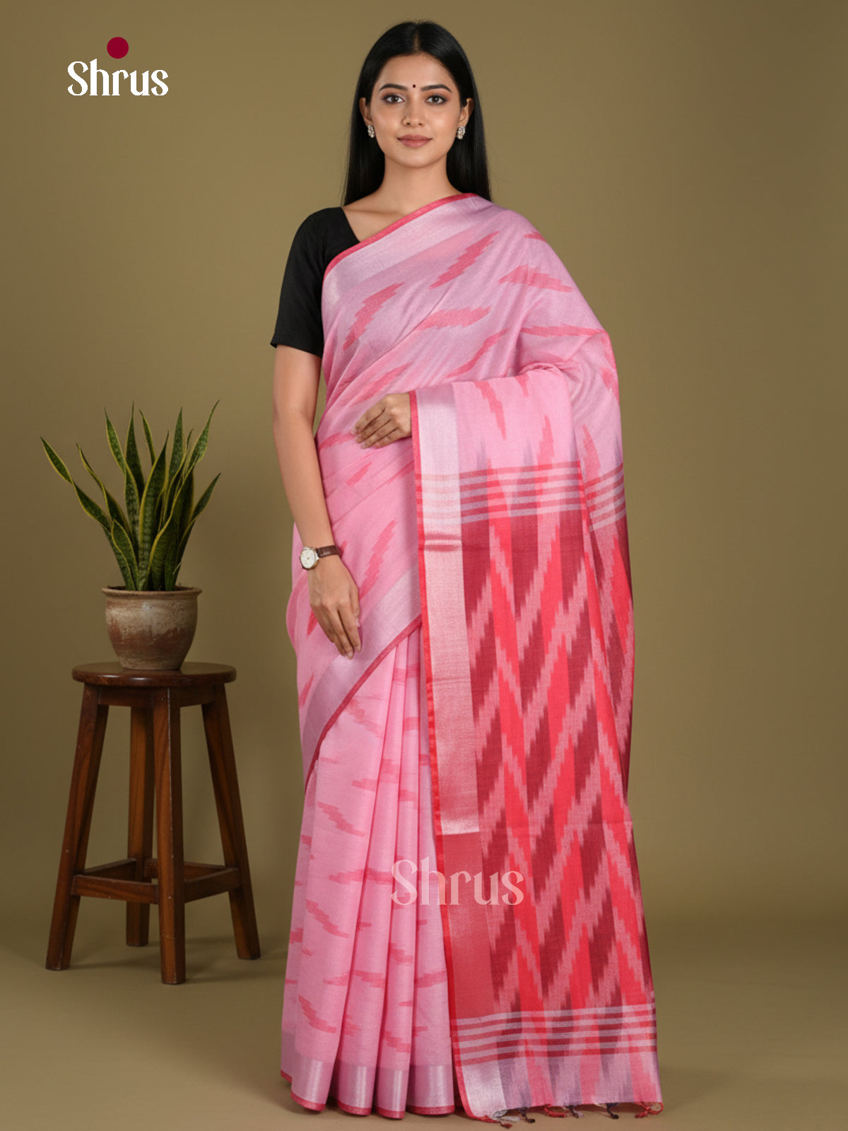 Pink & Red - Semi Ikkat Saree