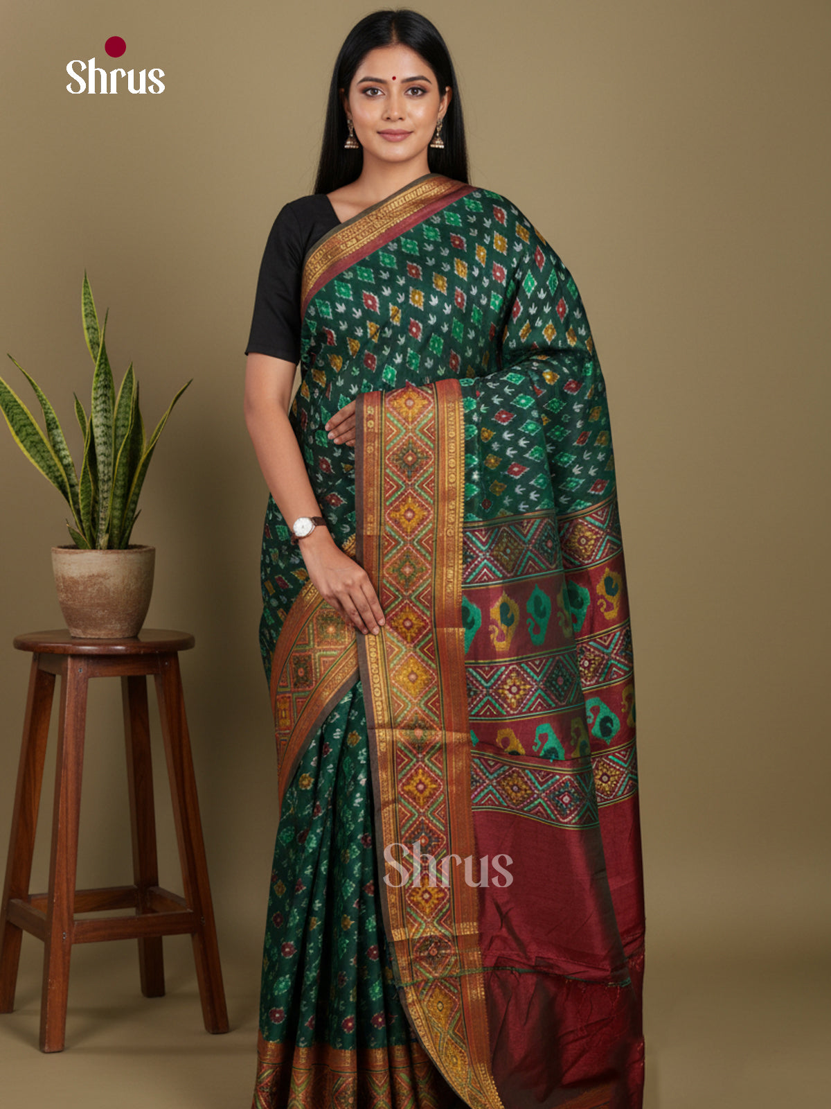 Green & Maroon - Semi Patola Saree - Shop on Shrus.com
