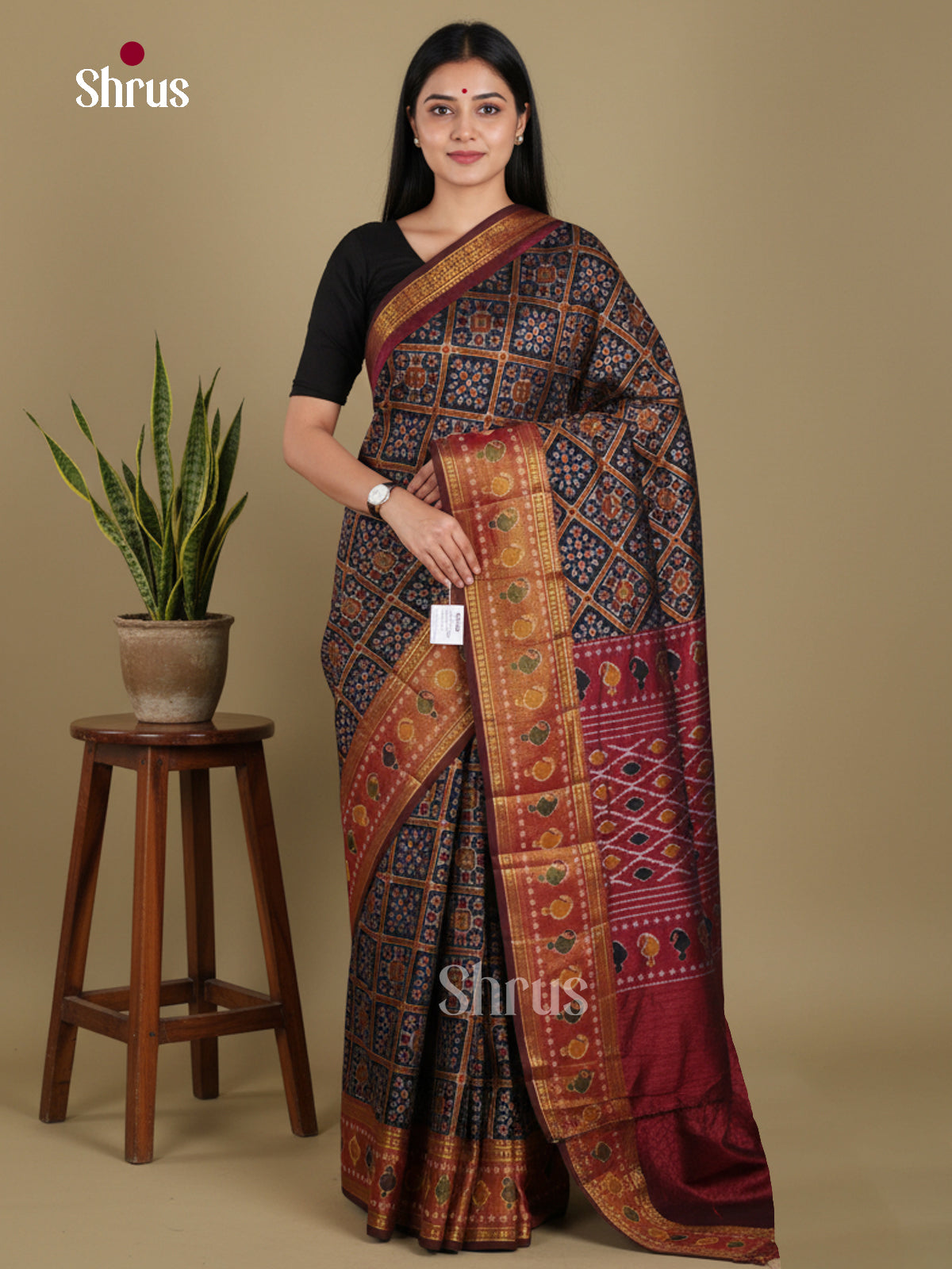 Black & Maroon - Semi Patola Saree