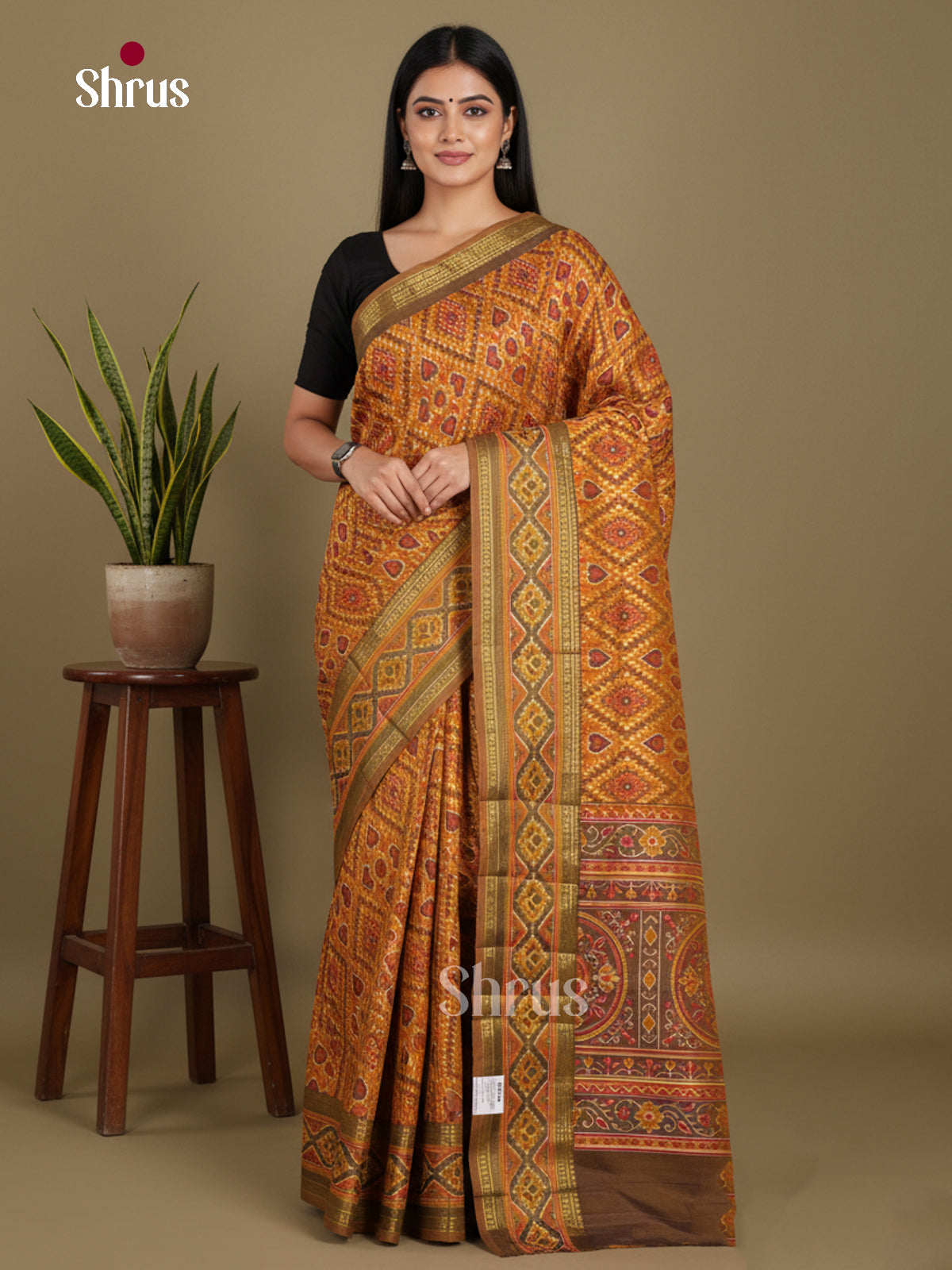 Mustard & Army Green - Semi Patola Saree - Shop on Shrus.com
