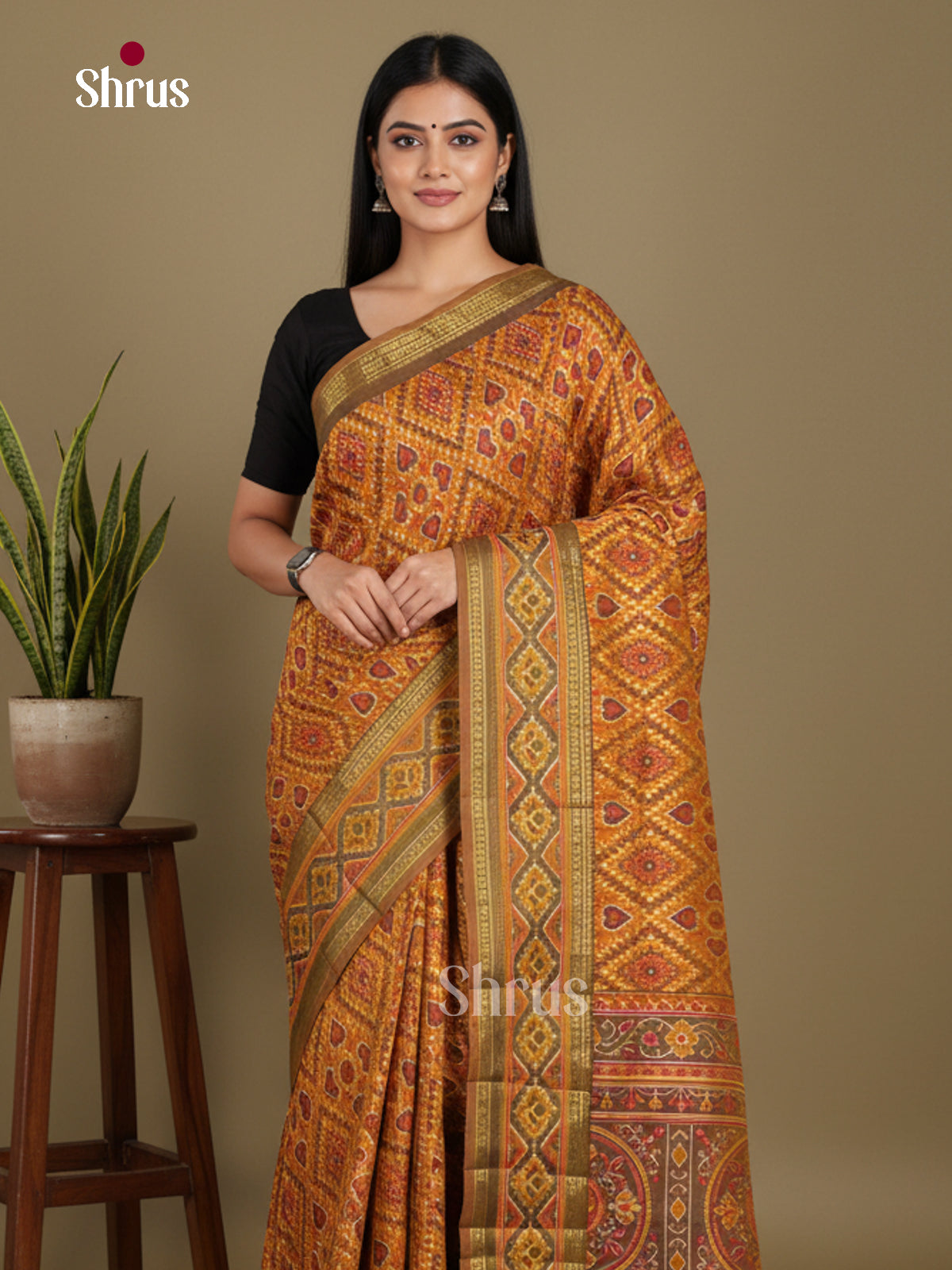 Mustard & Army Green - Semi Patola Saree - Shop on Shrus.com