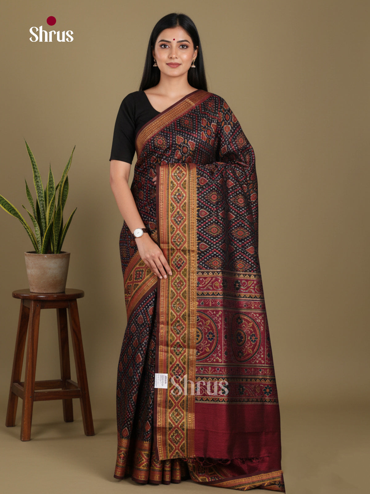Black & Maroon - Semi Patola Saree
