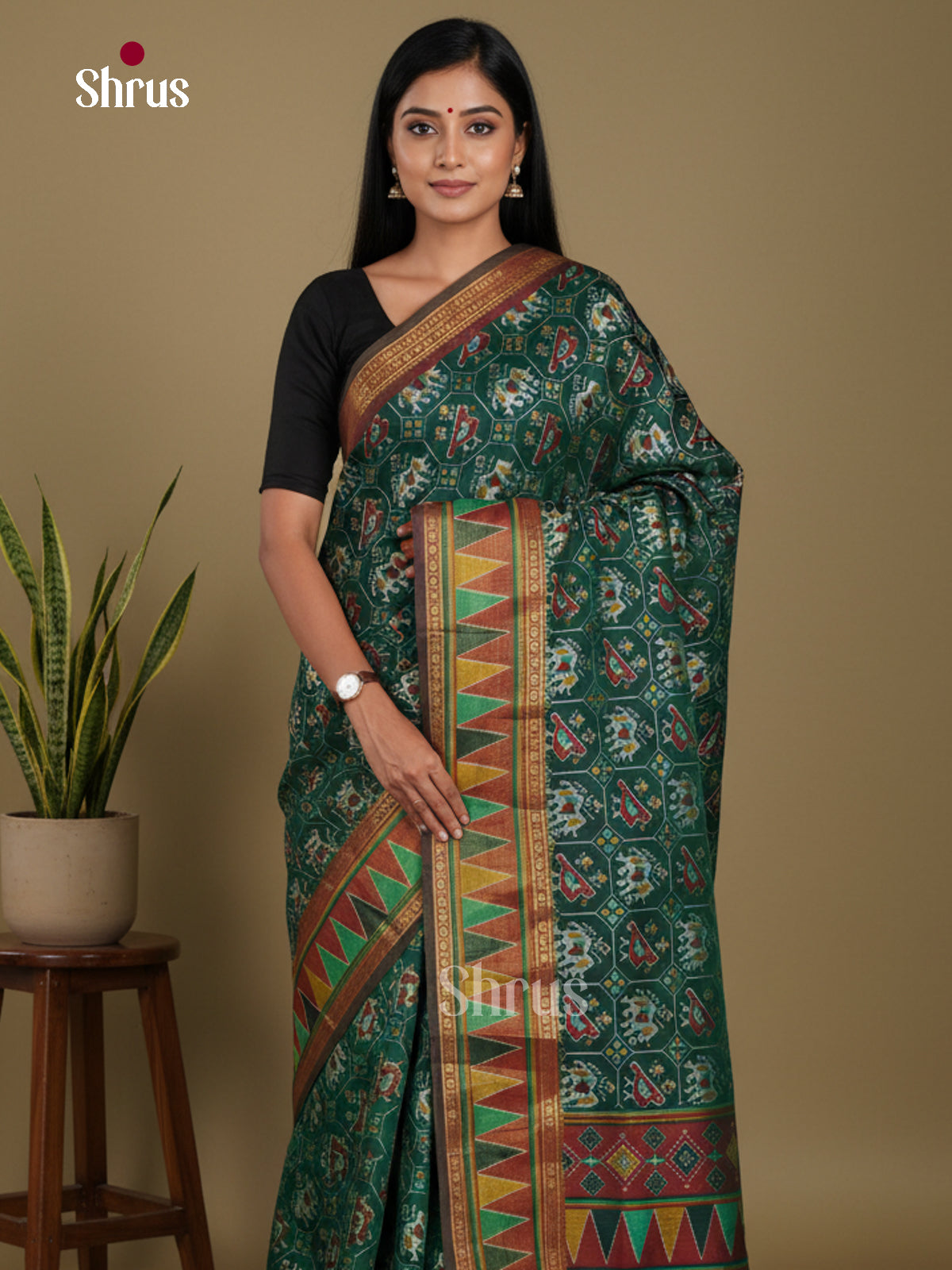 Green & Maroon- Semi Patola Saree