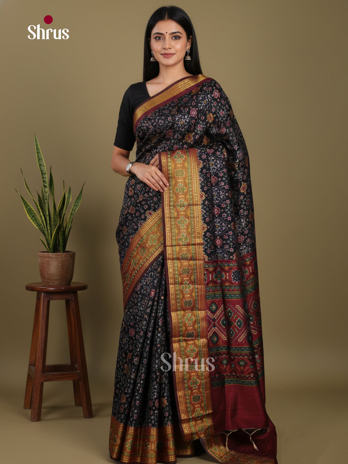 Black & Maroon - Semi Patola Saree