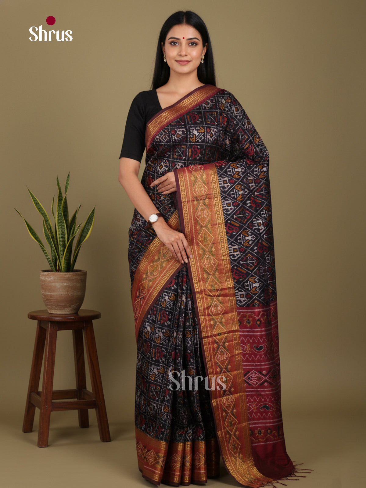 Black & Maroon- Semi Patola Saree
