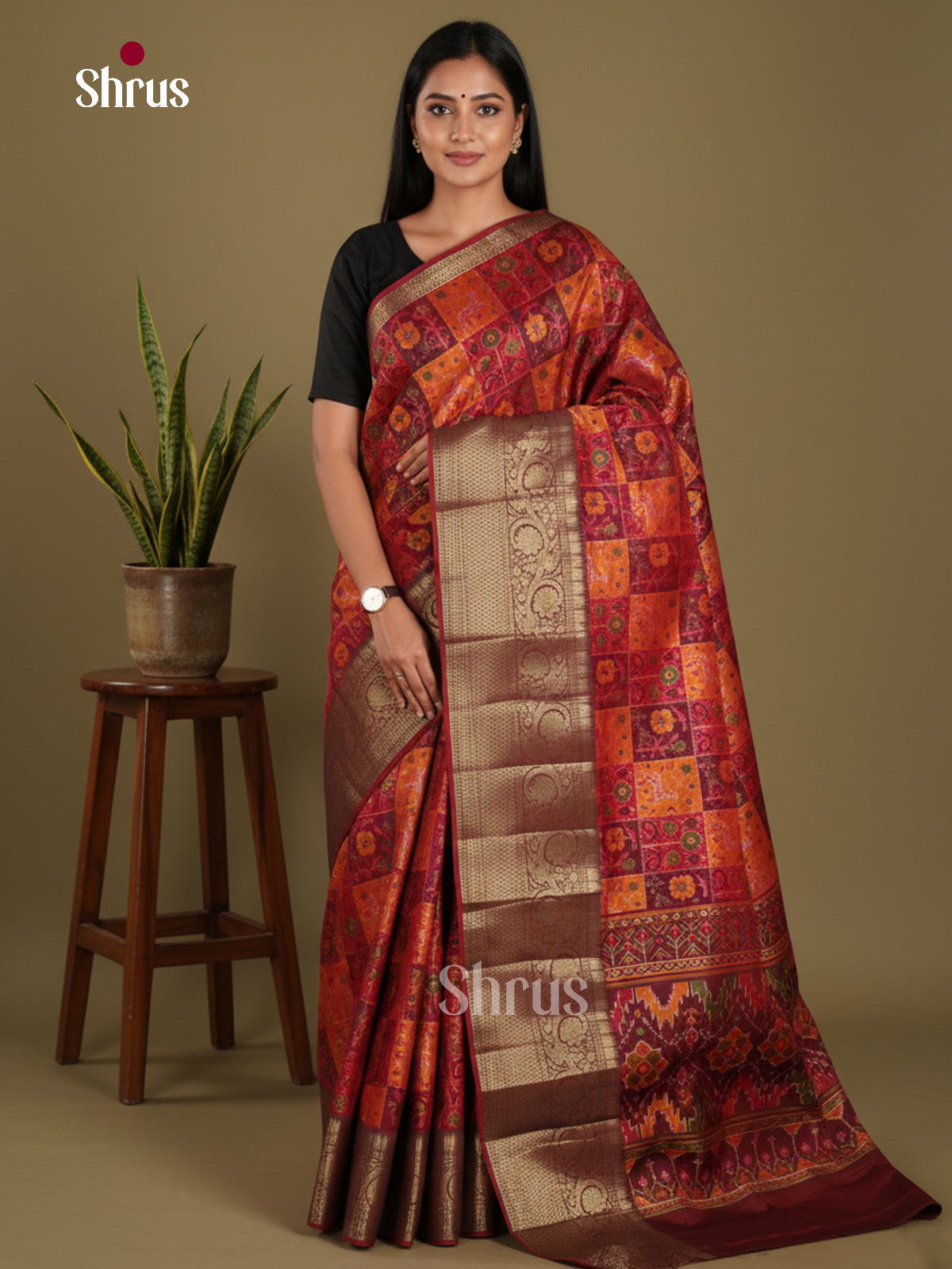 Orange & Maroon- Semi Patola Saree