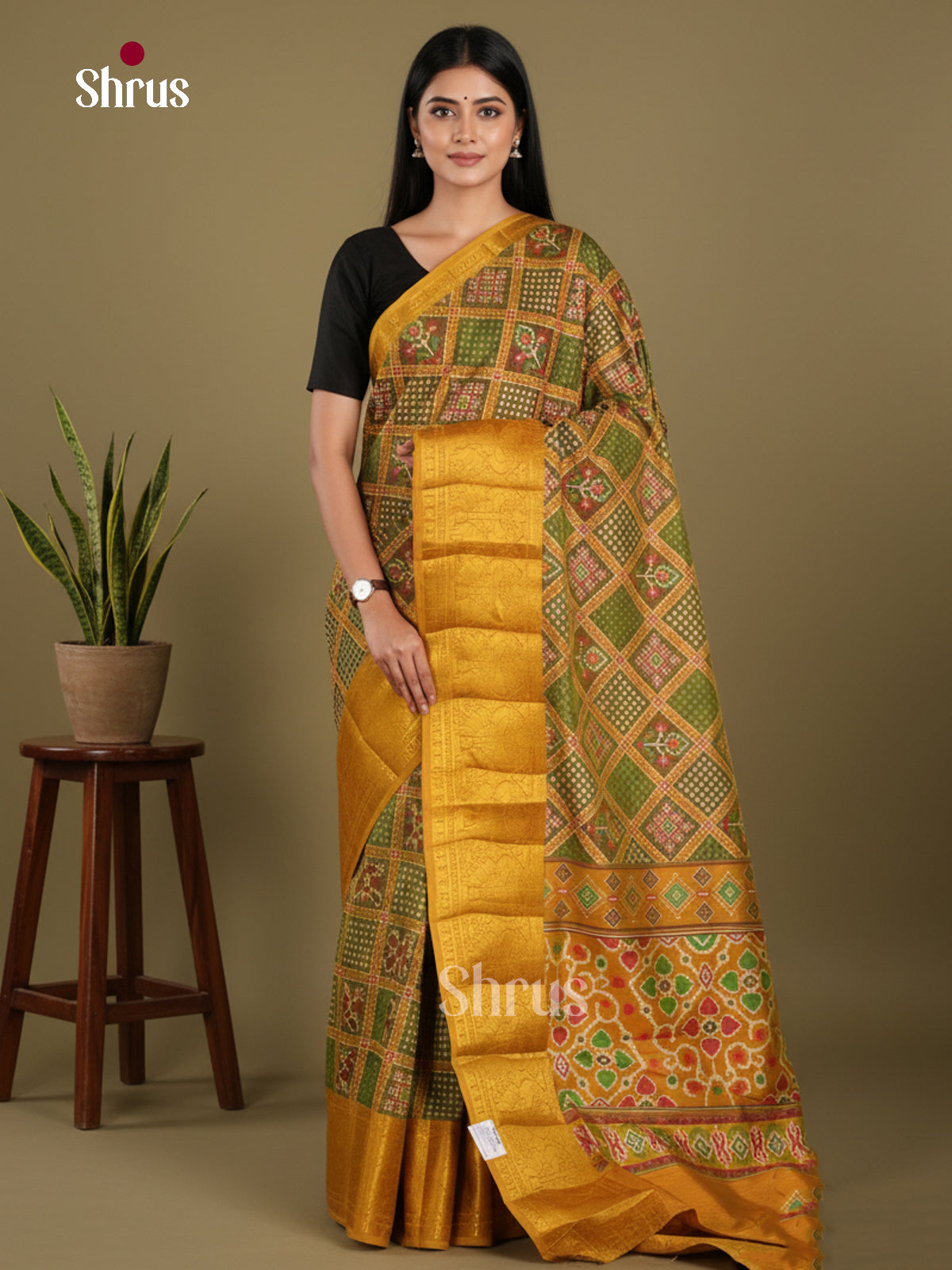 Green & Mustard - Semi Patola Saree