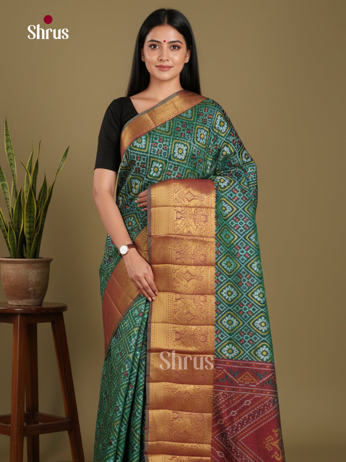 Green & Maroon - Semi Patola Saree