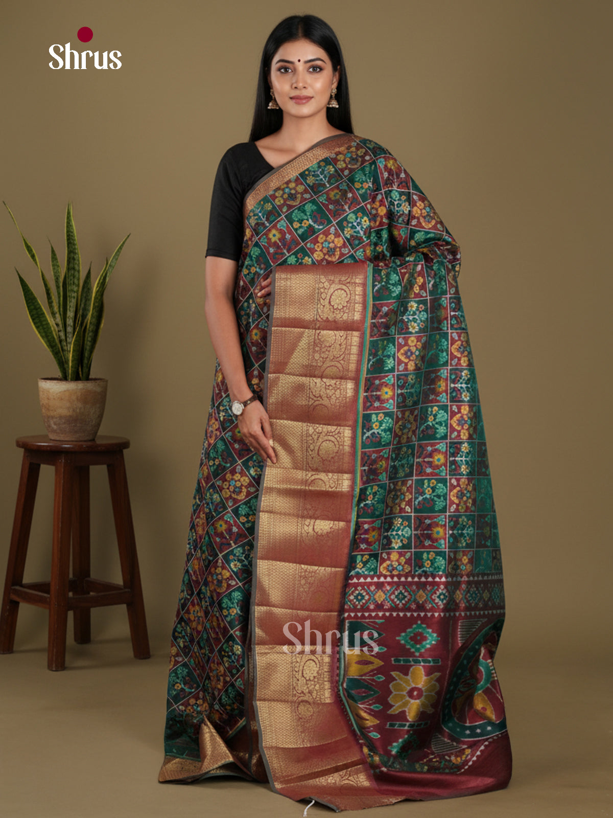 Green & Maroon - Semi Patola Saree