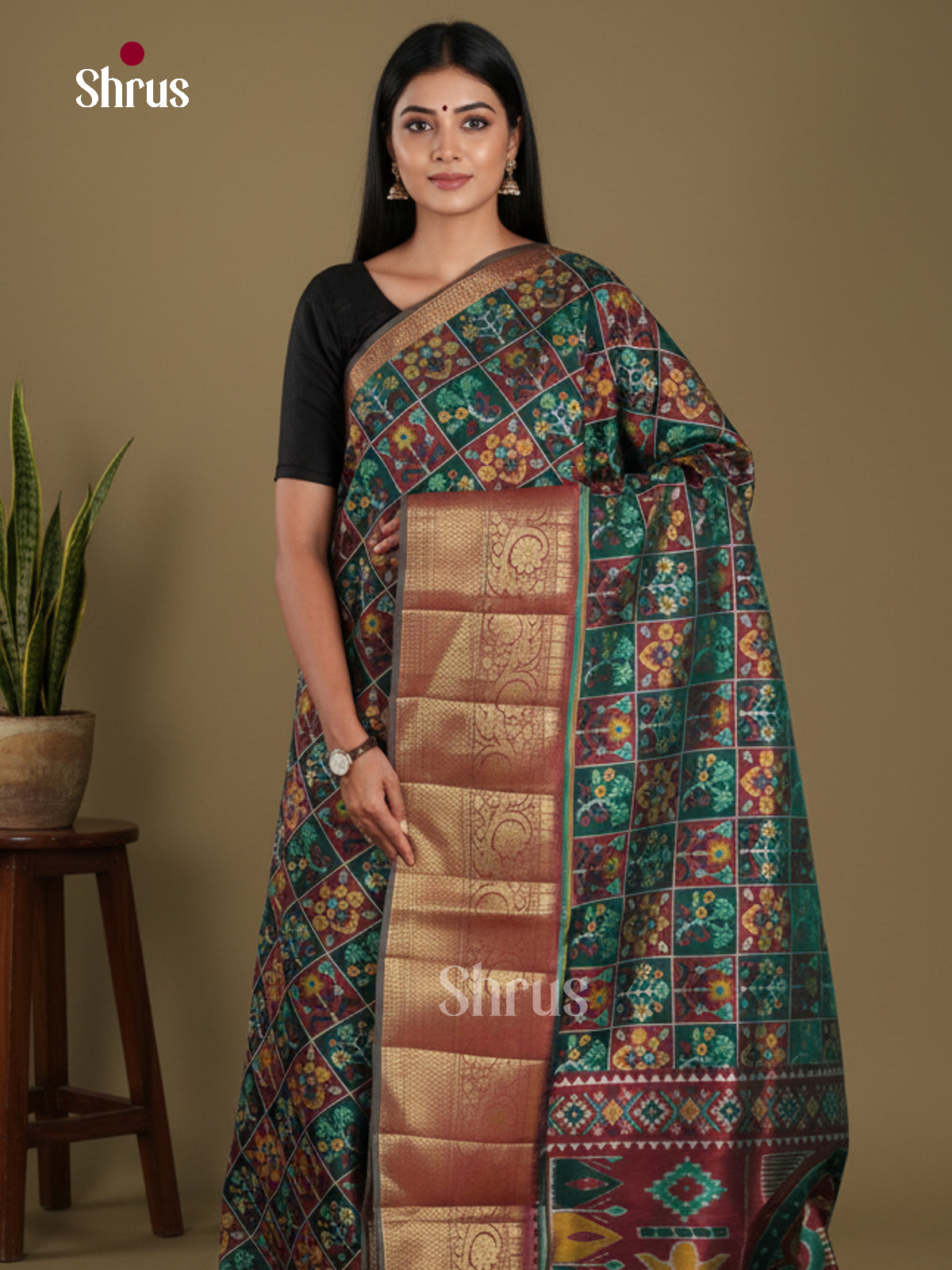 Green & Maroon - Semi Patola Saree
