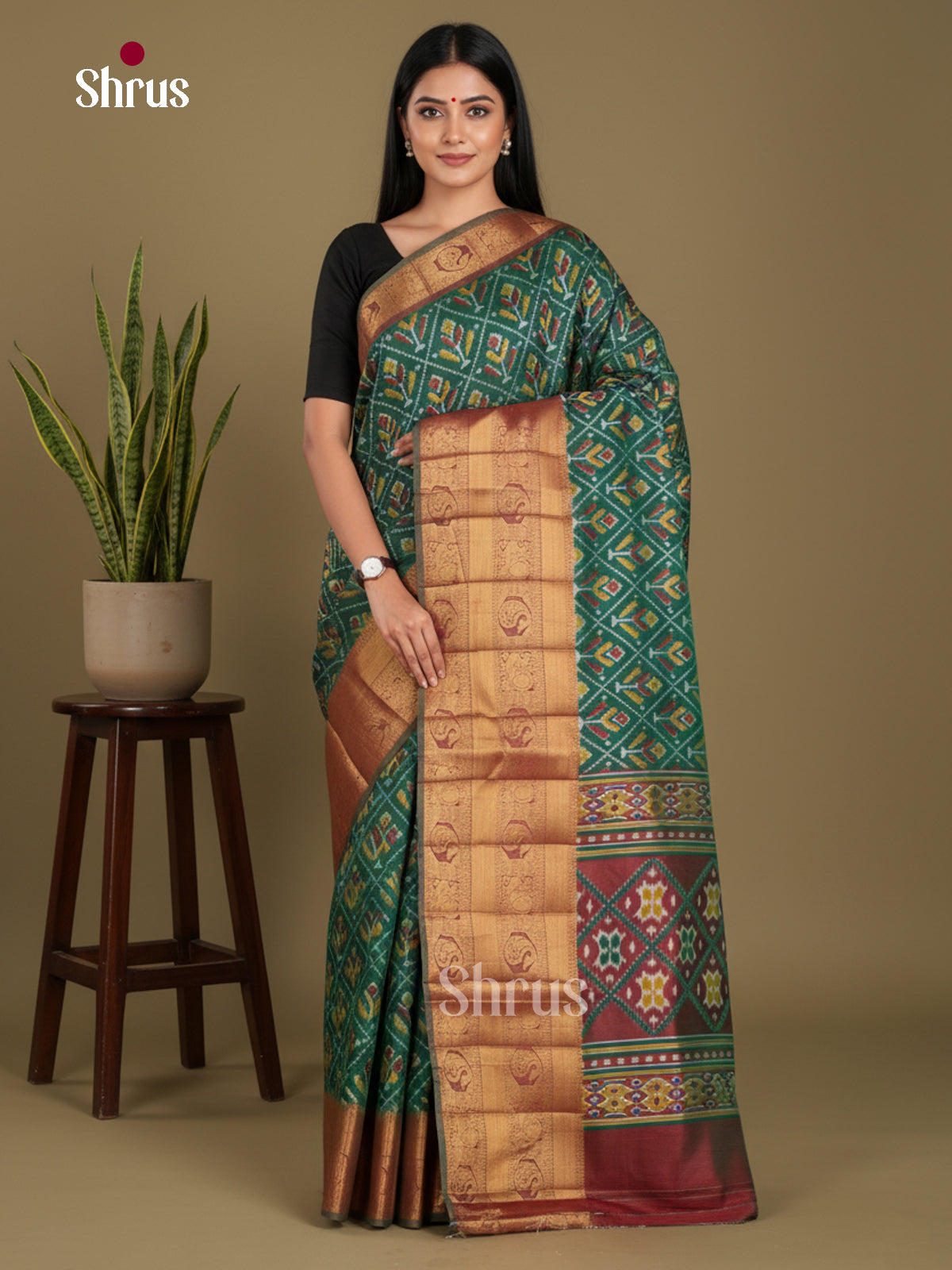 Green & Maroon - Semi Patola Saree