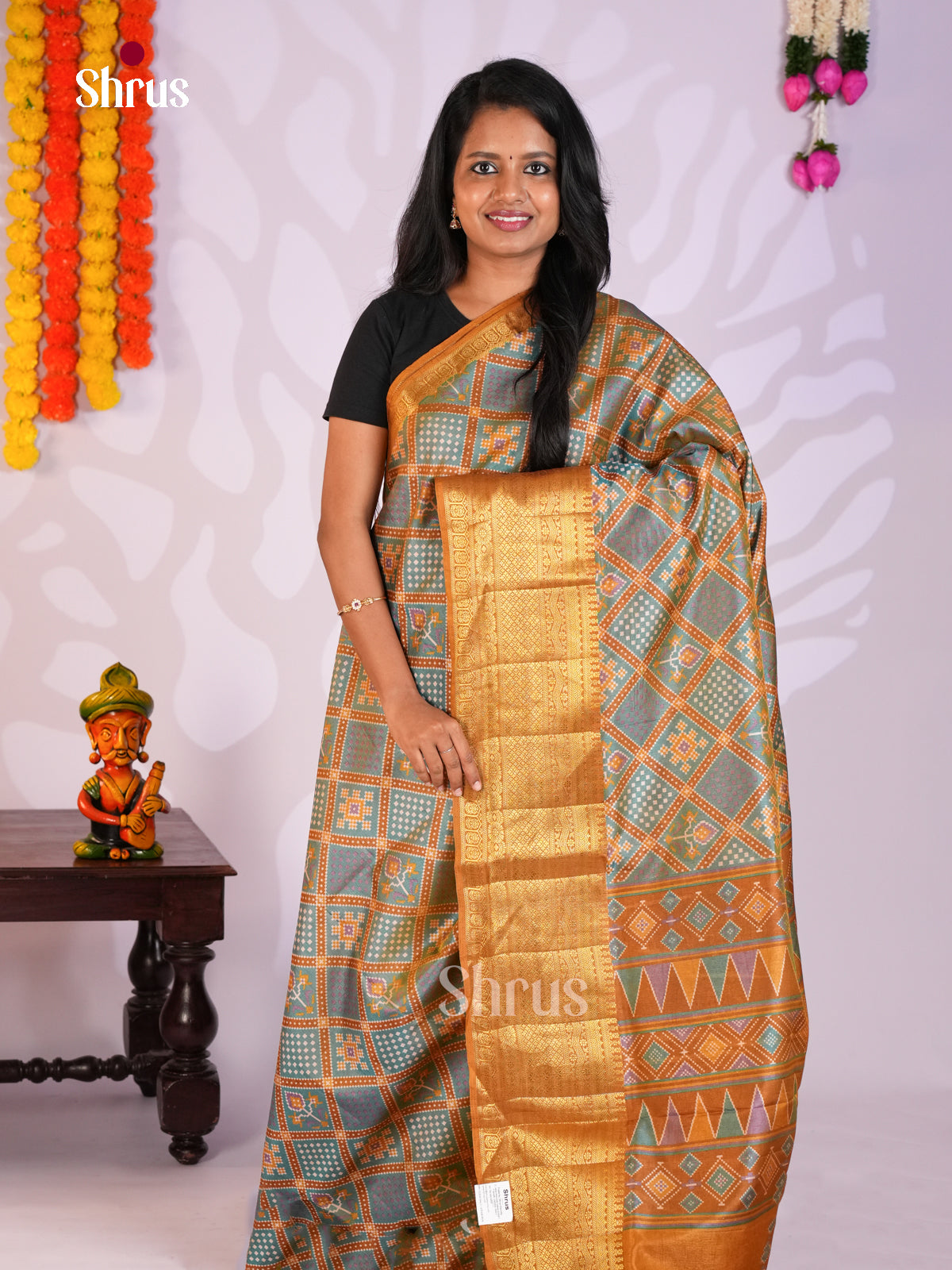 Mustard & Blue- Semi Patola Saree
