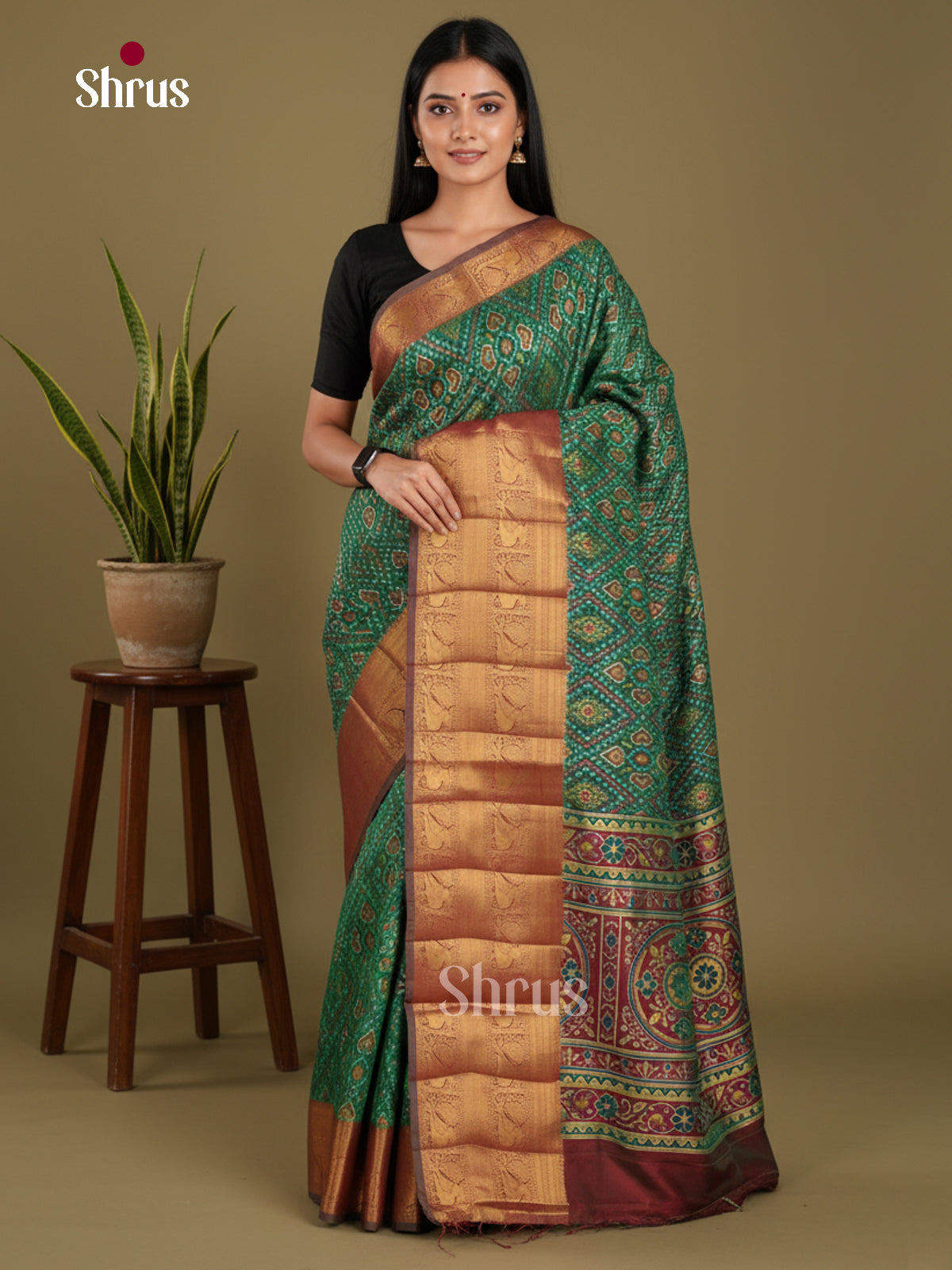 Green & Maroon - Semi Patola Saree