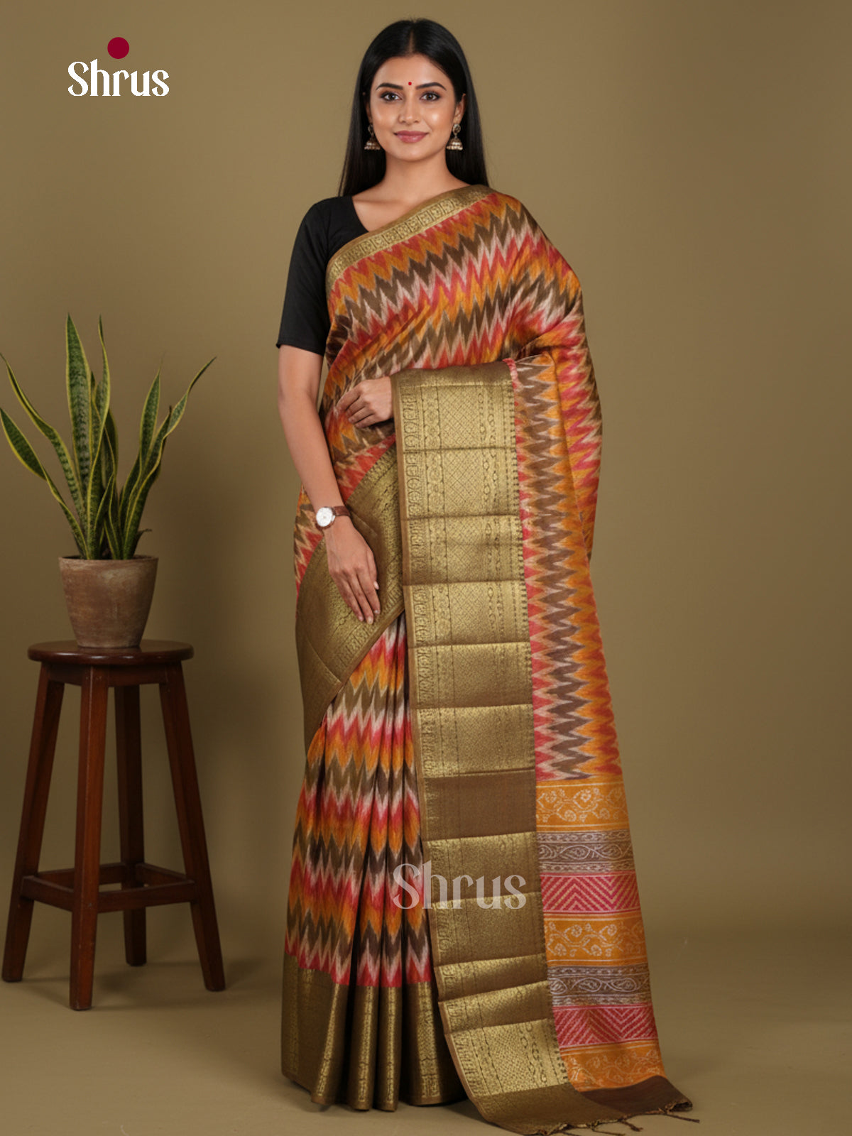Multicolor & Chutney Green- Semi Patola Saree