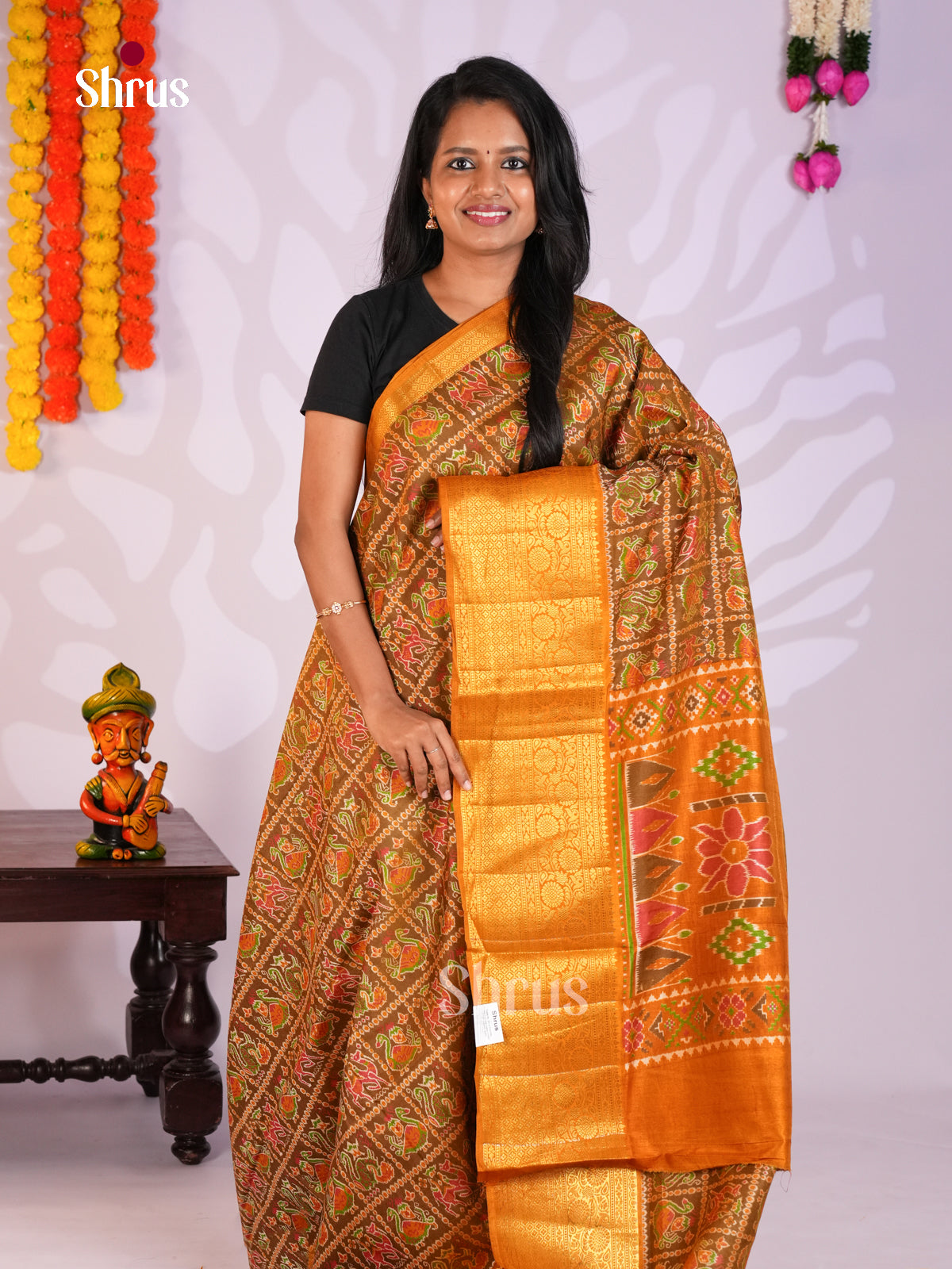 Mehandi & Brick- Semi Patola Saree