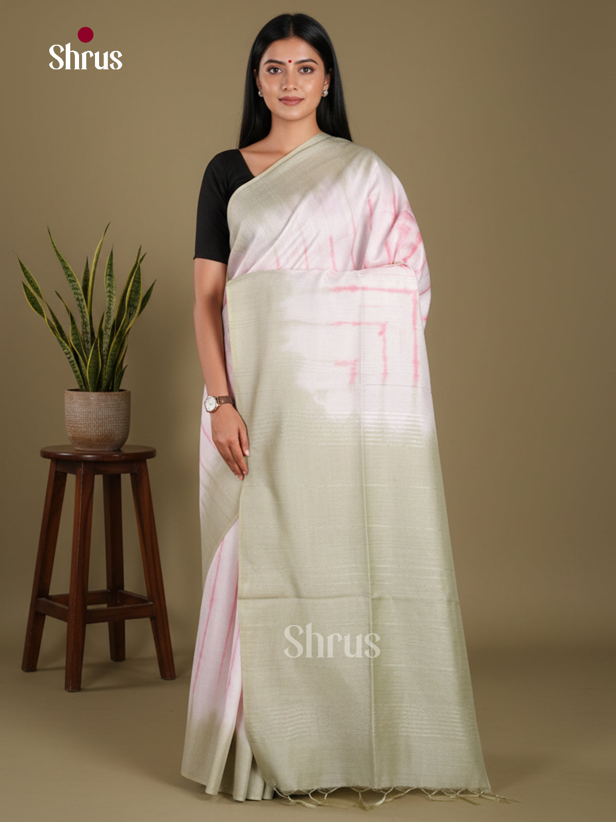 Cream  & Grey Green- Shibori Saree