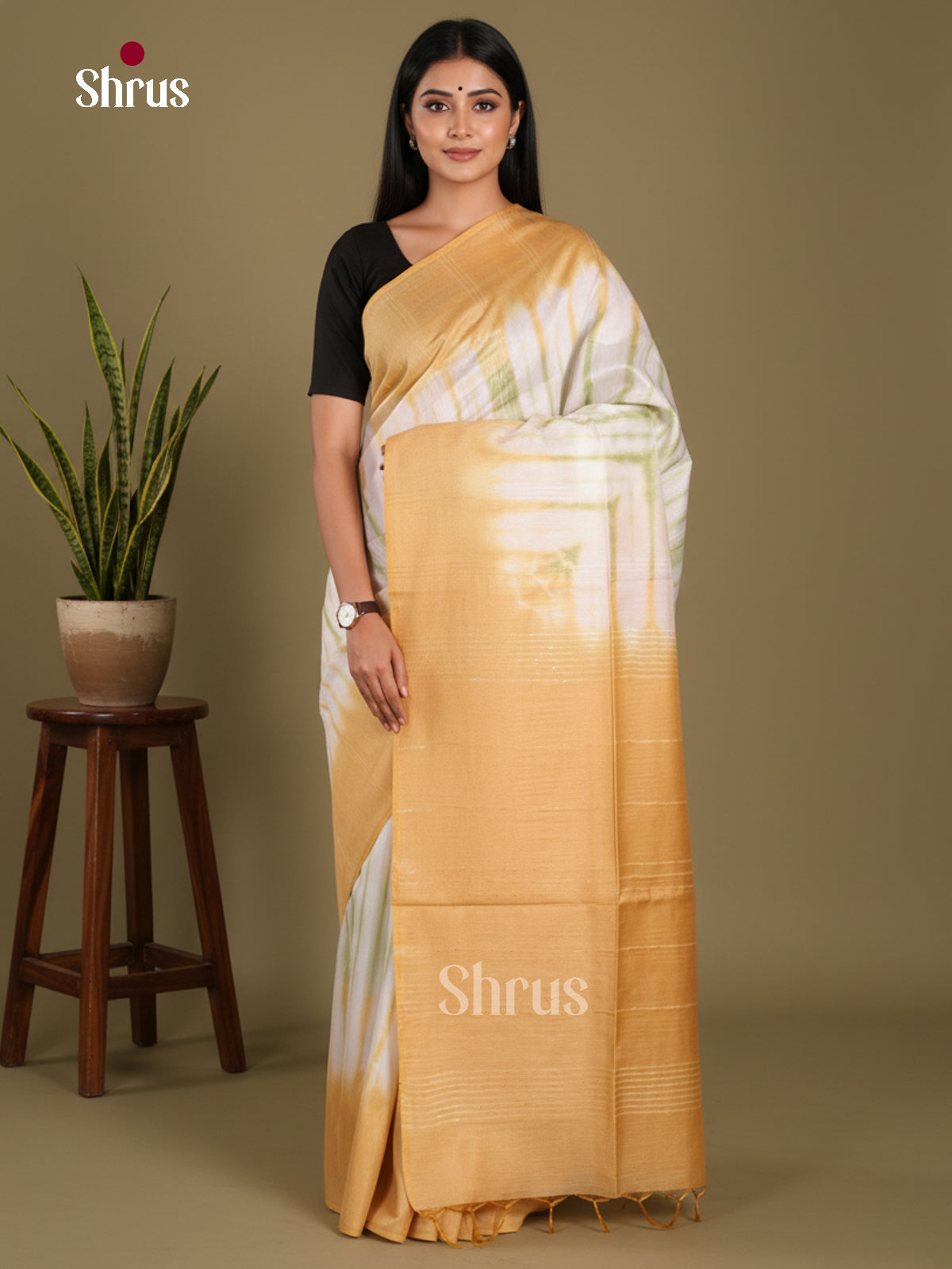 Cream & sandal - Shibori Saree
