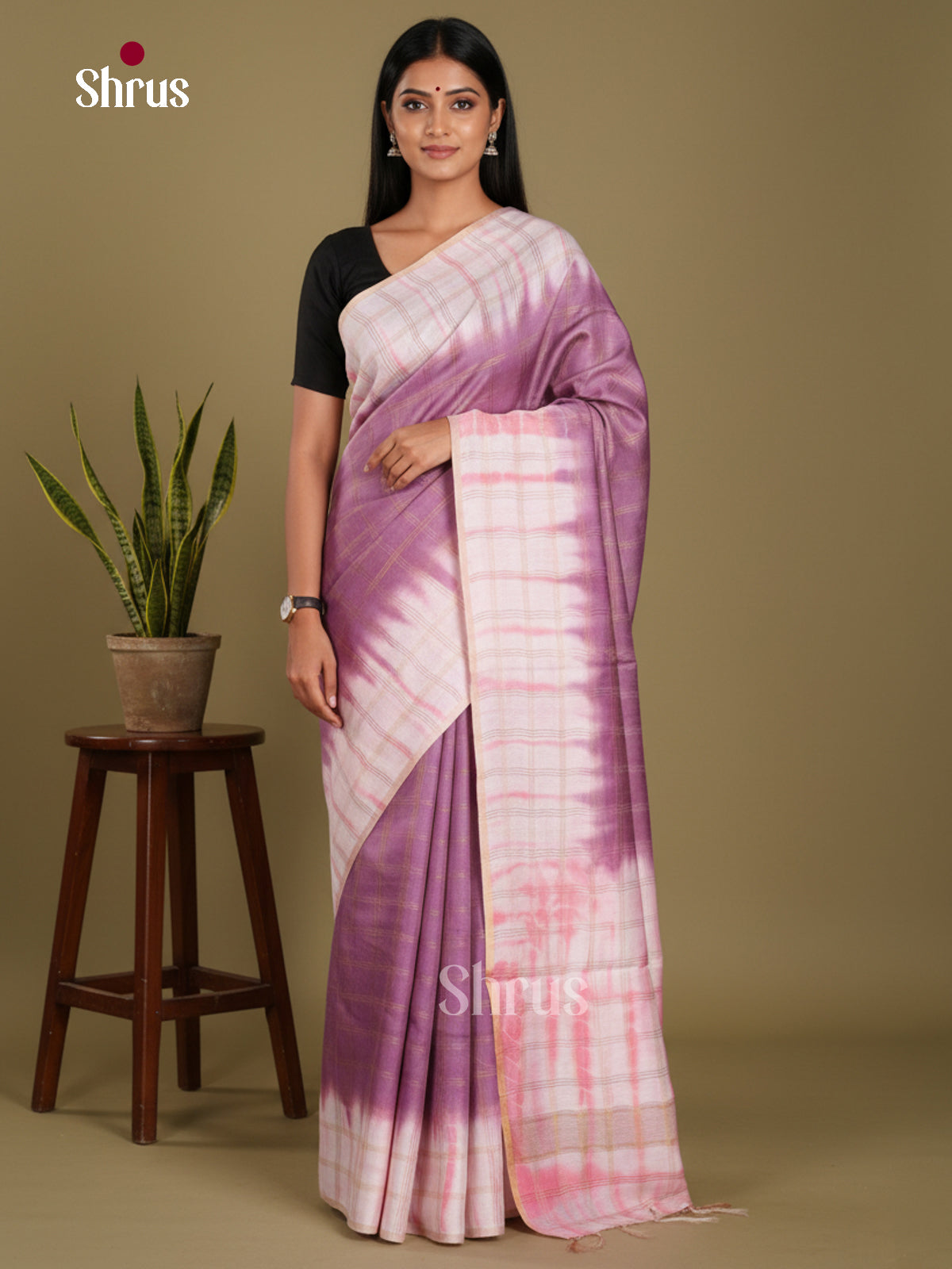 Purple & Cream - Shibori Saree