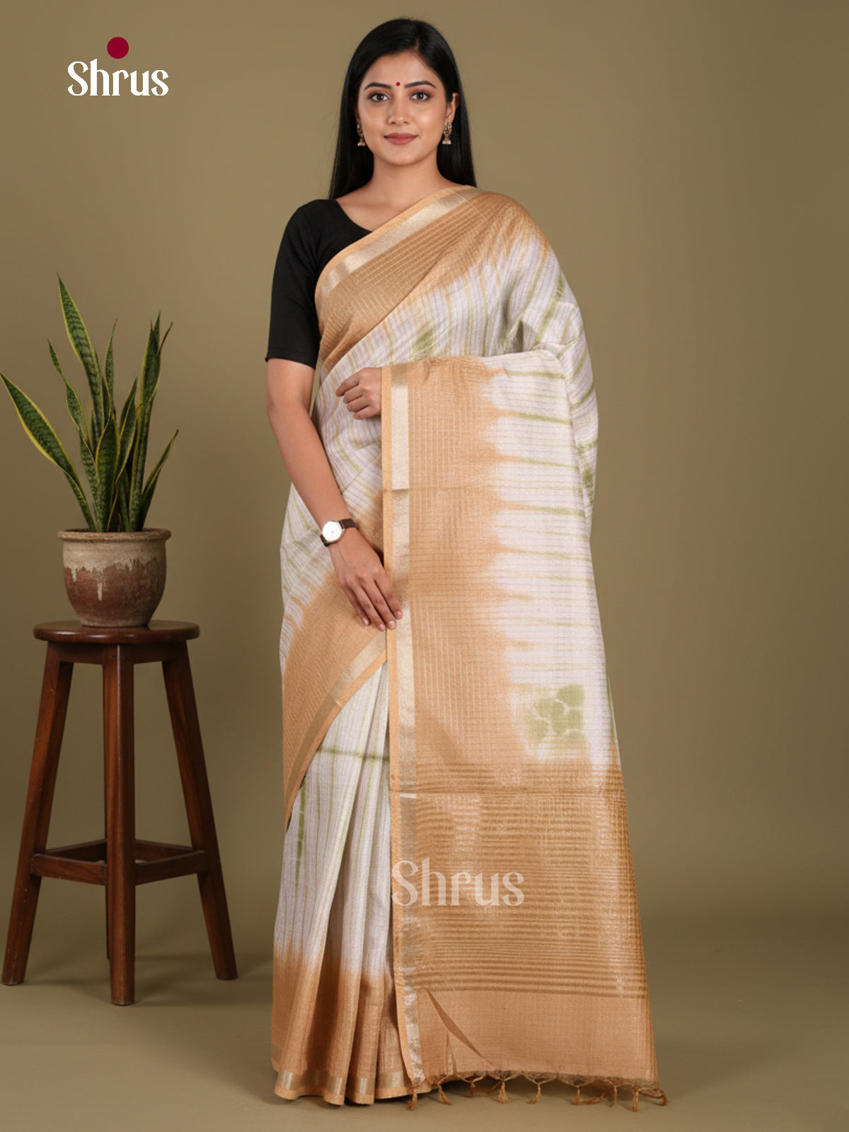 Cream & Light Brown - Shibori Saree