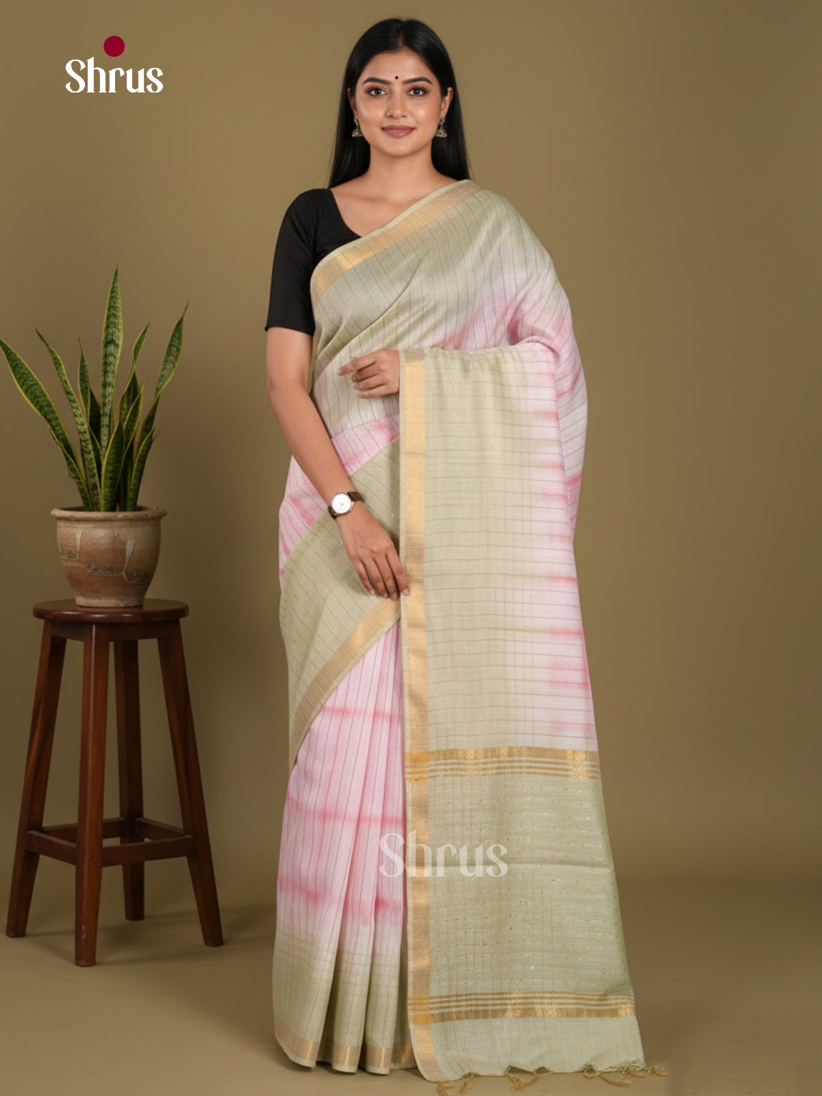 Cream & Grey Green- Shibori Saree