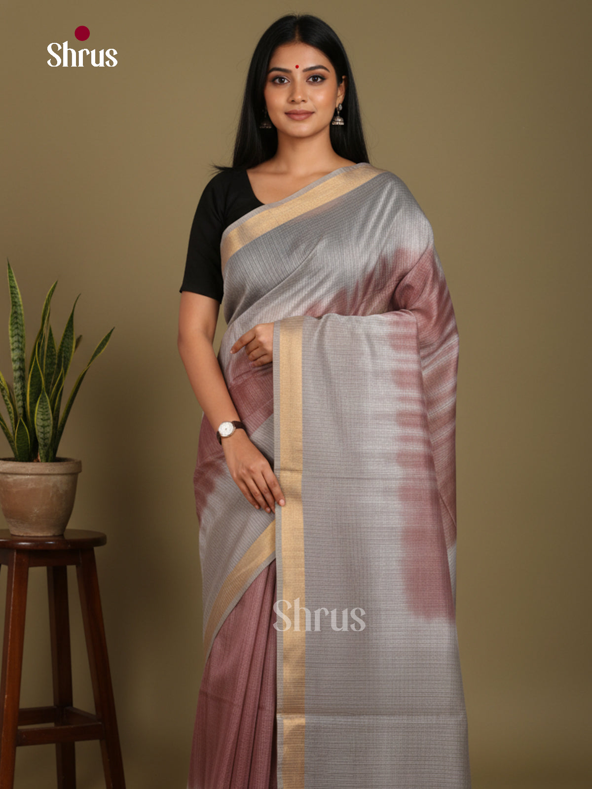 Brown & Grey - Shibori Saree