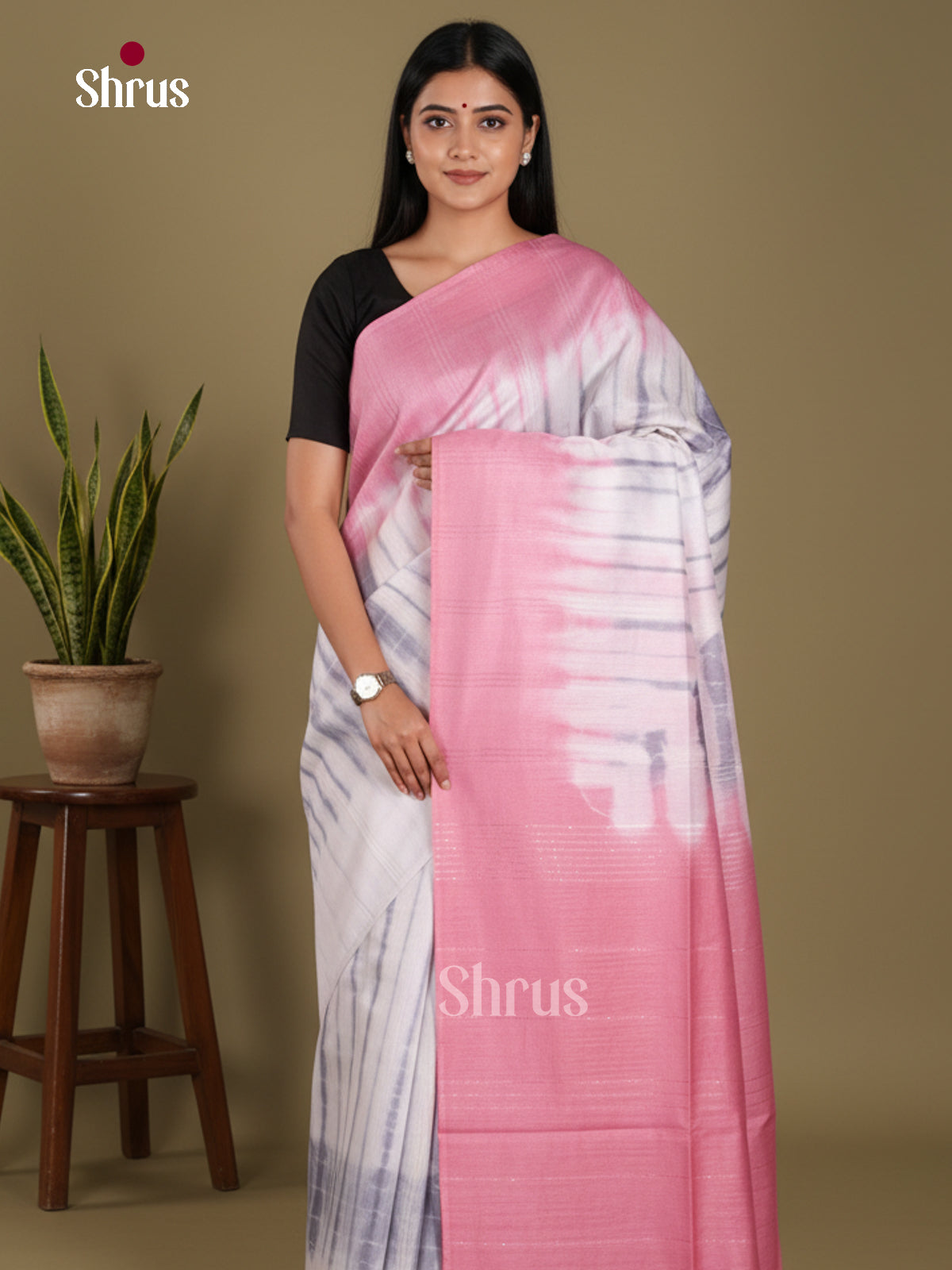 Cream  & Pink- Shibori Saree
