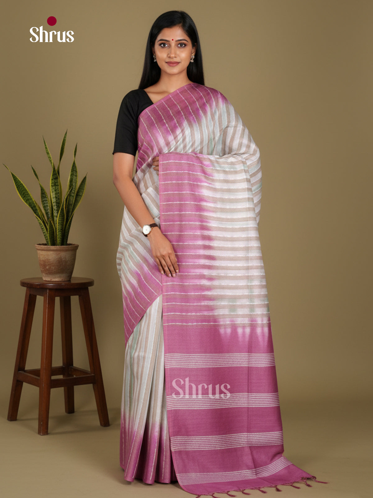 cream  & Purple - Shibori Saree