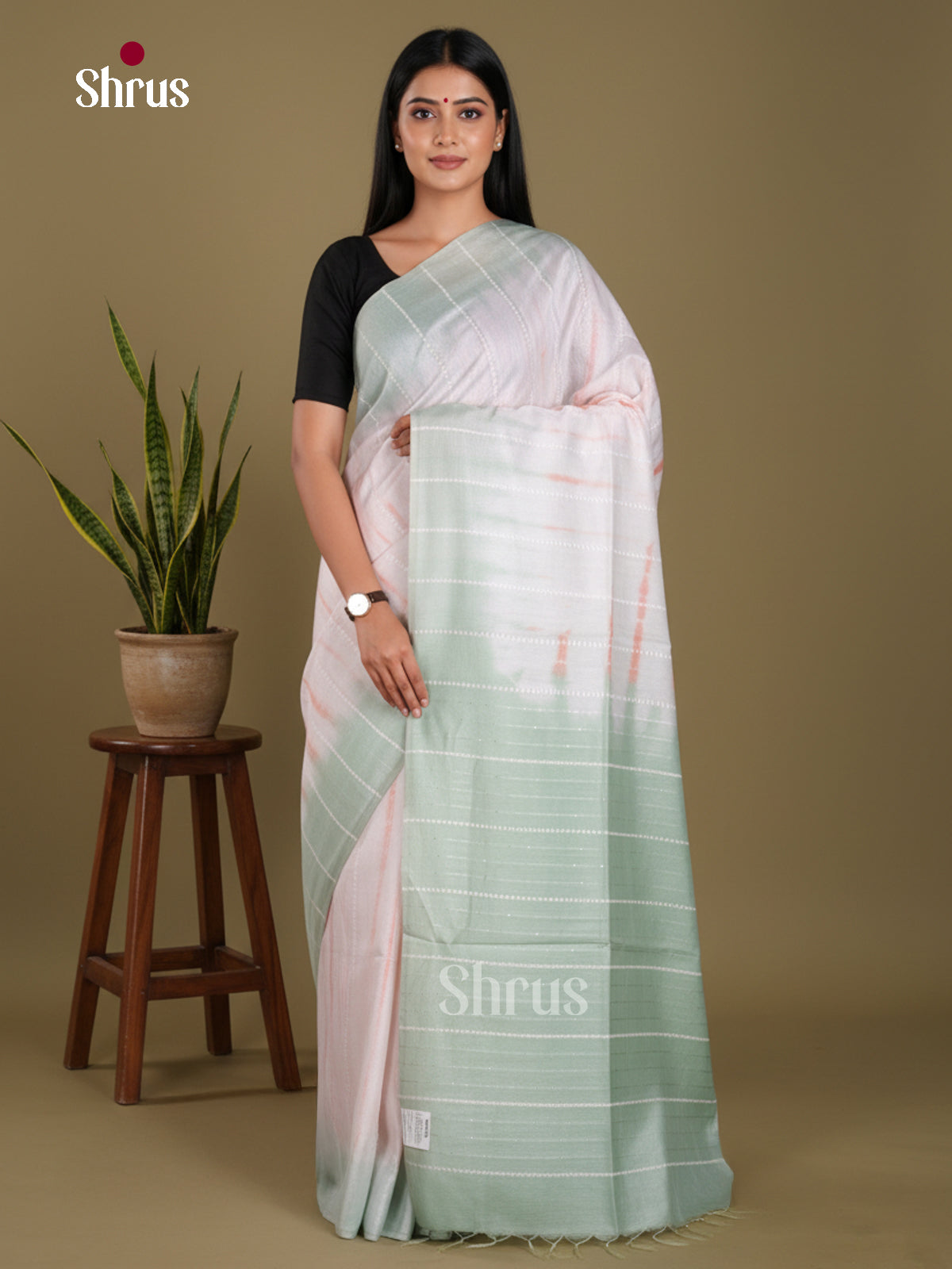 Cream , Pink & Grey Green -  Shibori Saree