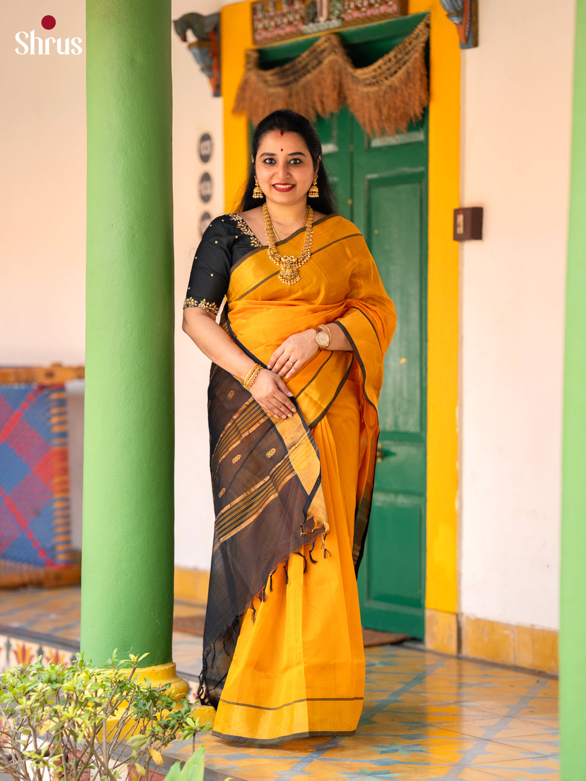 Glorious Mustard & Black  Silk Cotton Saree with kaddi zari border - Shop on Shrus.com