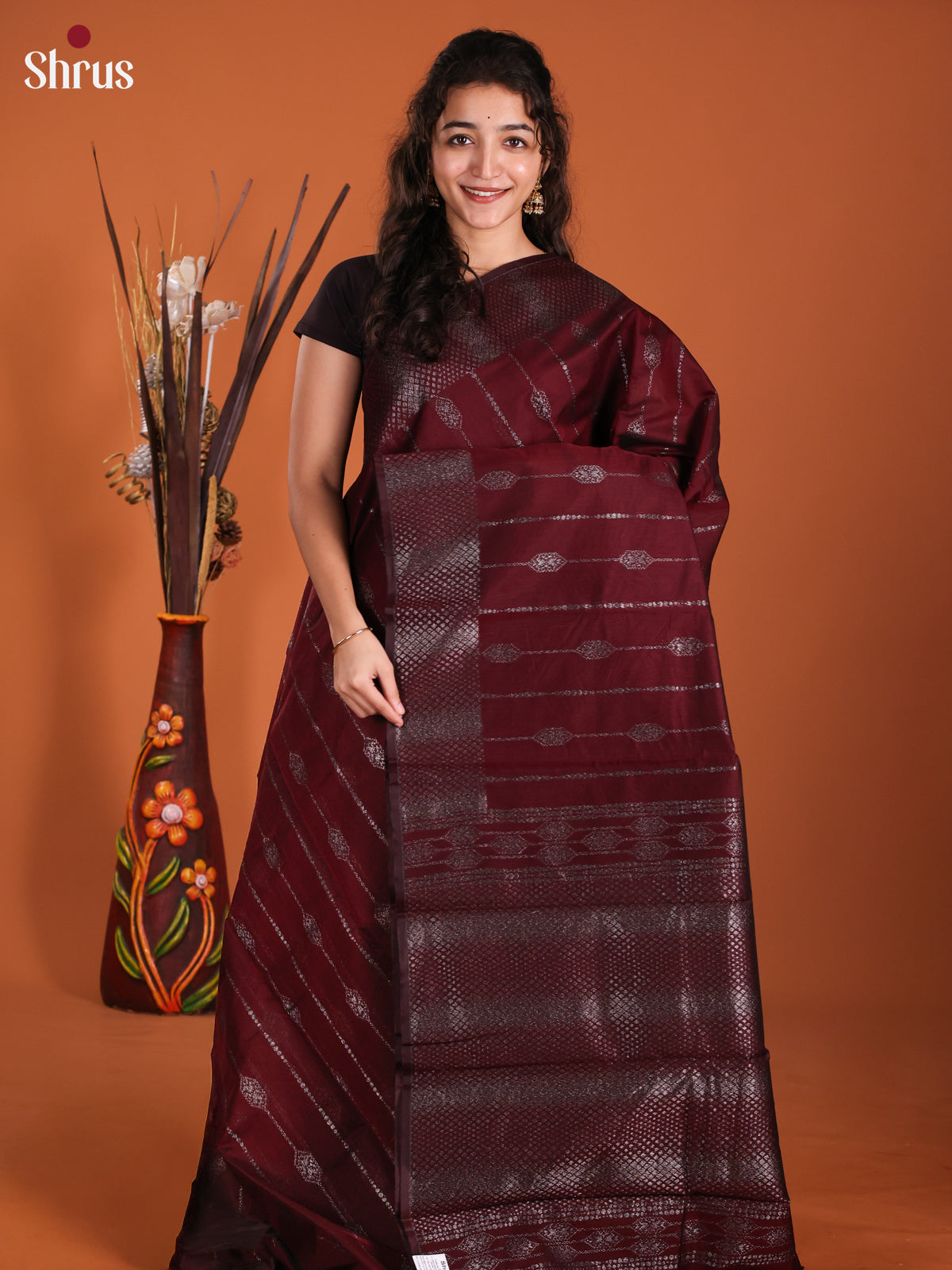 Maroon  - Semi Silkcotton Saree-DKS25192