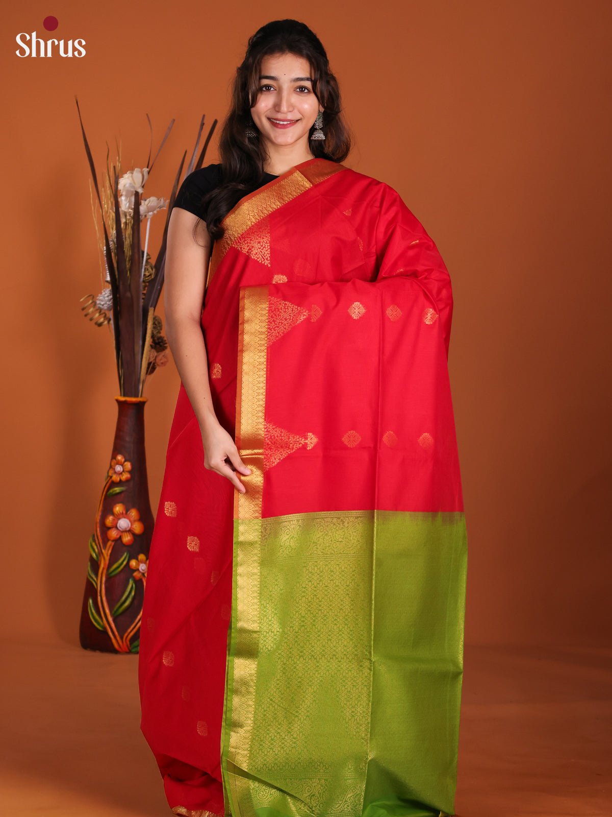 Red & Light Green  - Semi Silkcotton Saree-DKS26274