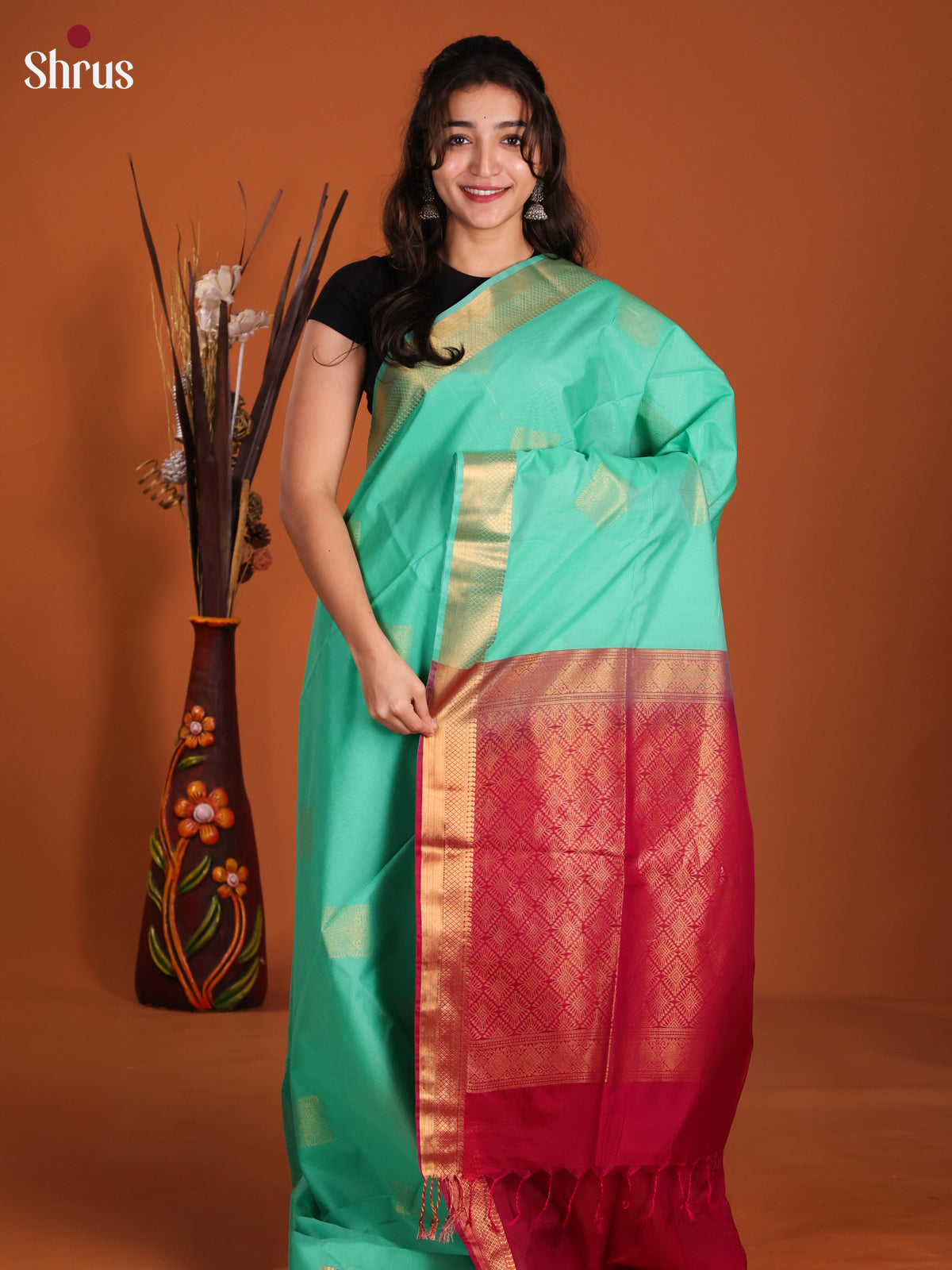Teal & Red  - Semi Silkcotton Saree-DKS26297