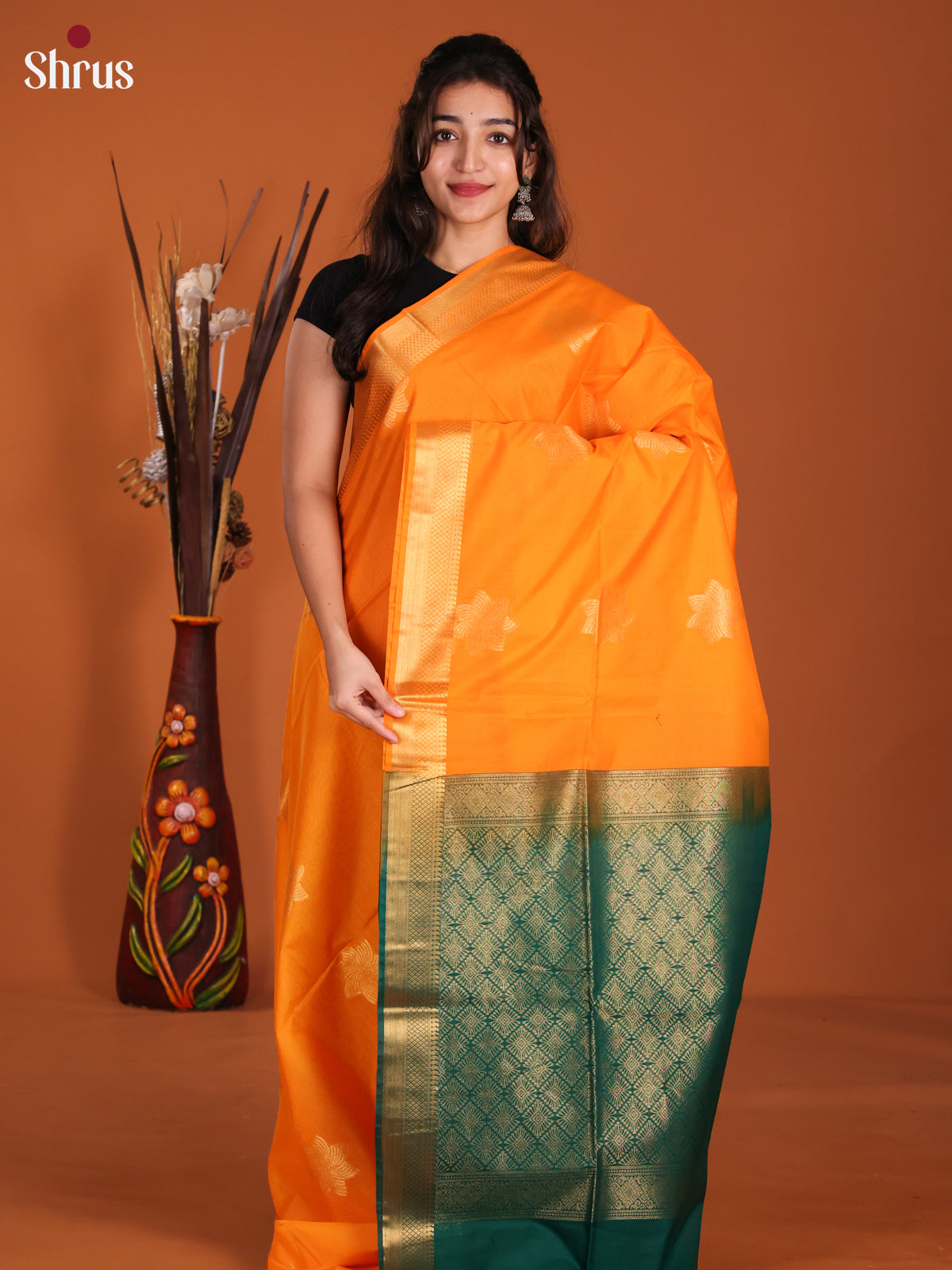 Orange & Green- Semi Silkcotton Saree - DKS26312 - Shop on Shrus.com