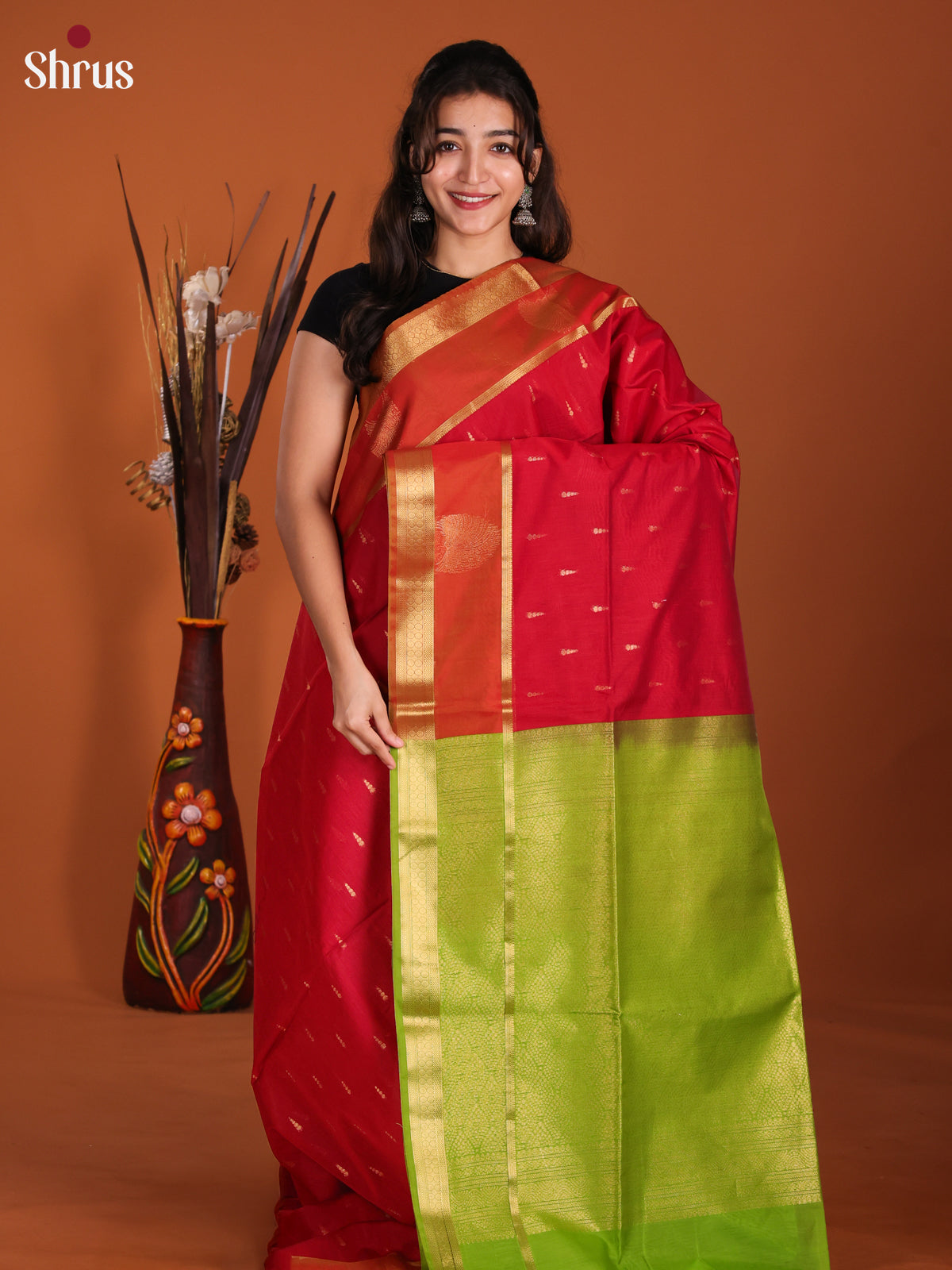 Red & Green  - Semi Silkcotton Saree-DKS26318