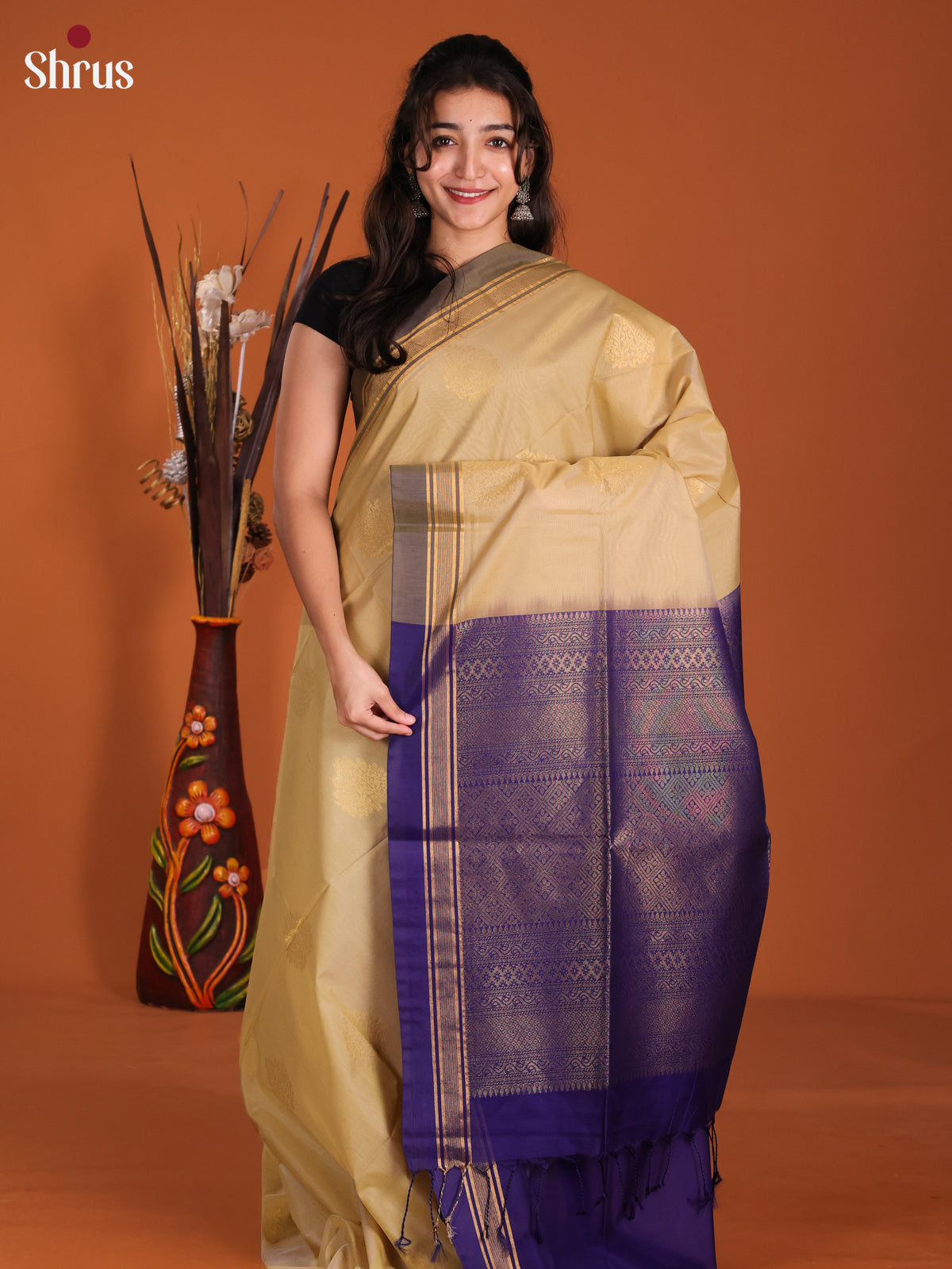 Beige & Blue - Semi Silkcotton Saree- DKS26321