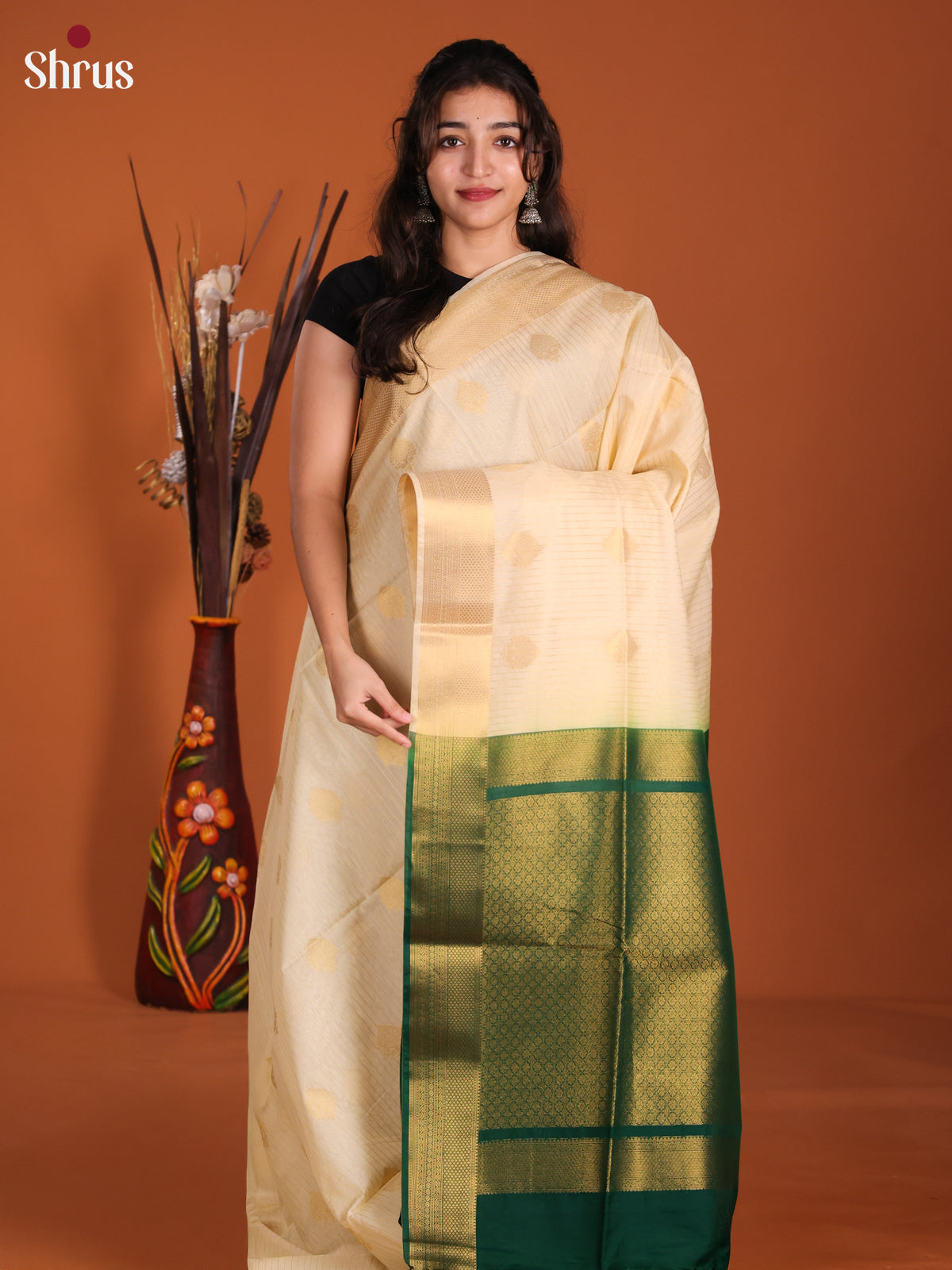 Cream & Green  - Semi Silkcotton Saree-DKS26322