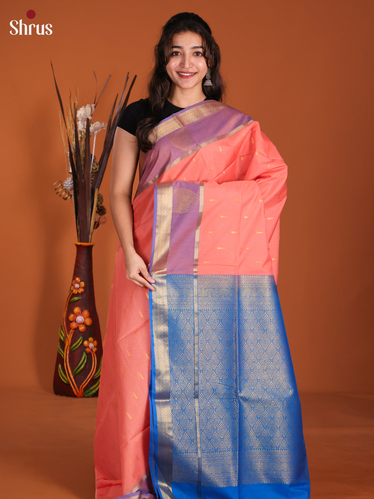 Peachish Pink & Blue DKS26325 - Semi Silkcotton Saree - Shop on Shrus.com