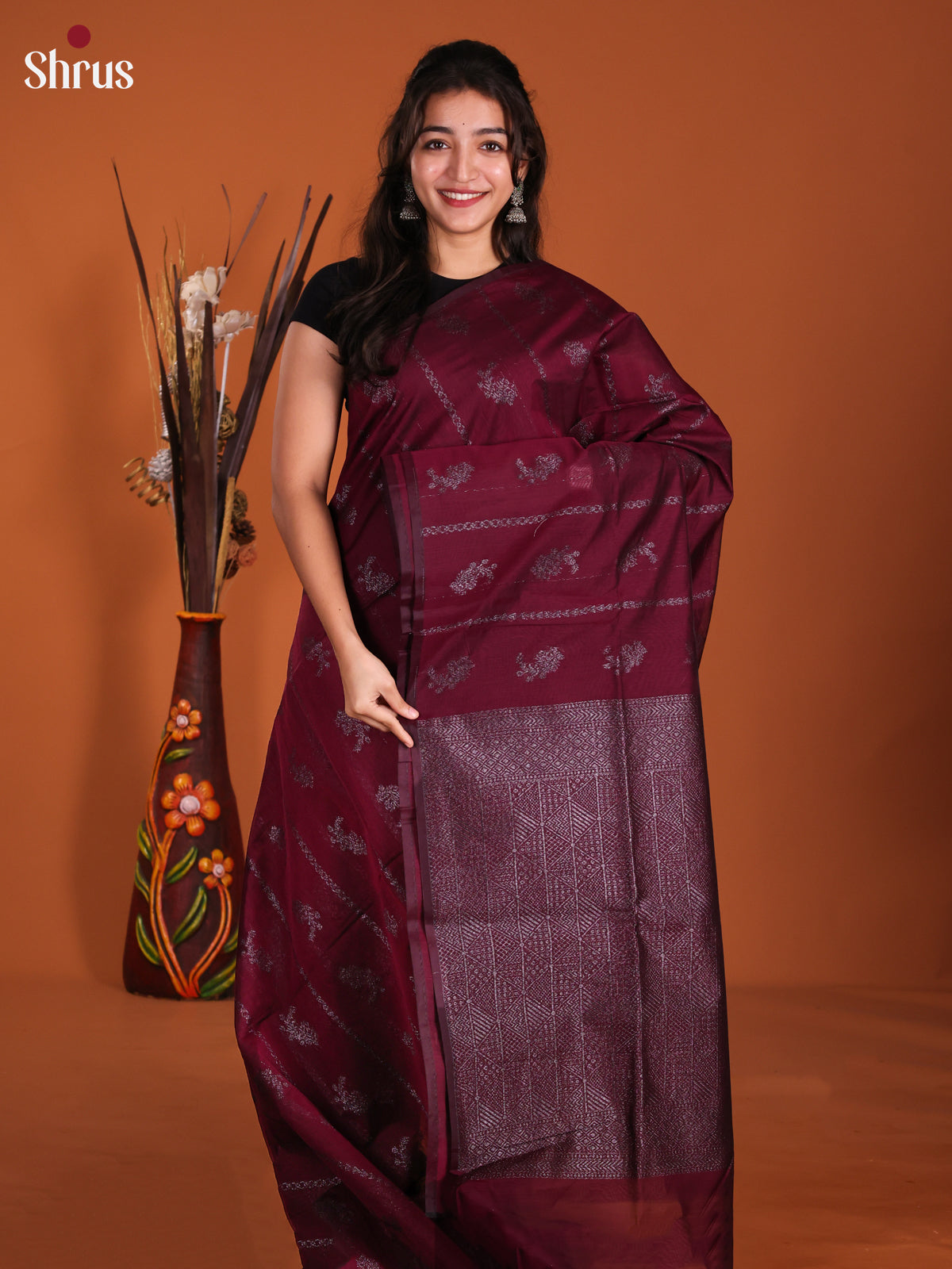 Maroon - Semi Silkcotton Saree-DKS26390