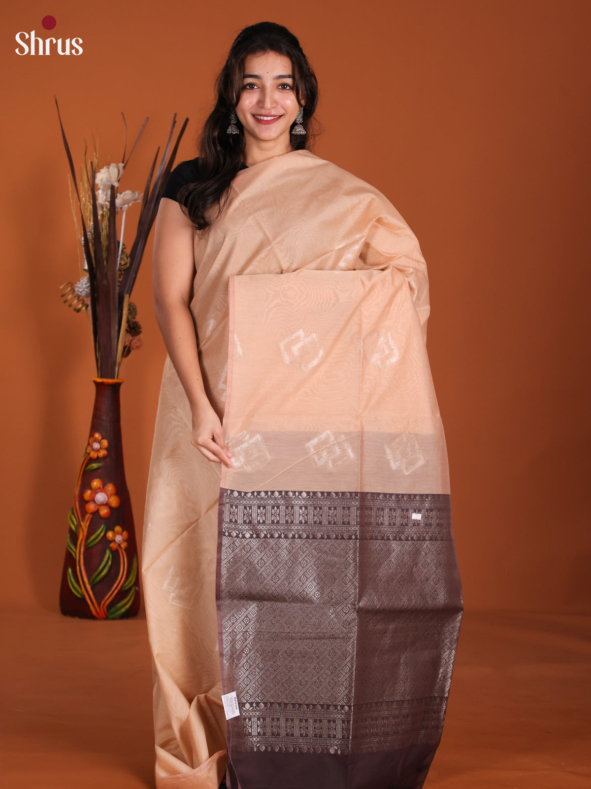 Peach & Brown- Semi Silkcotton Saree - DKS26501