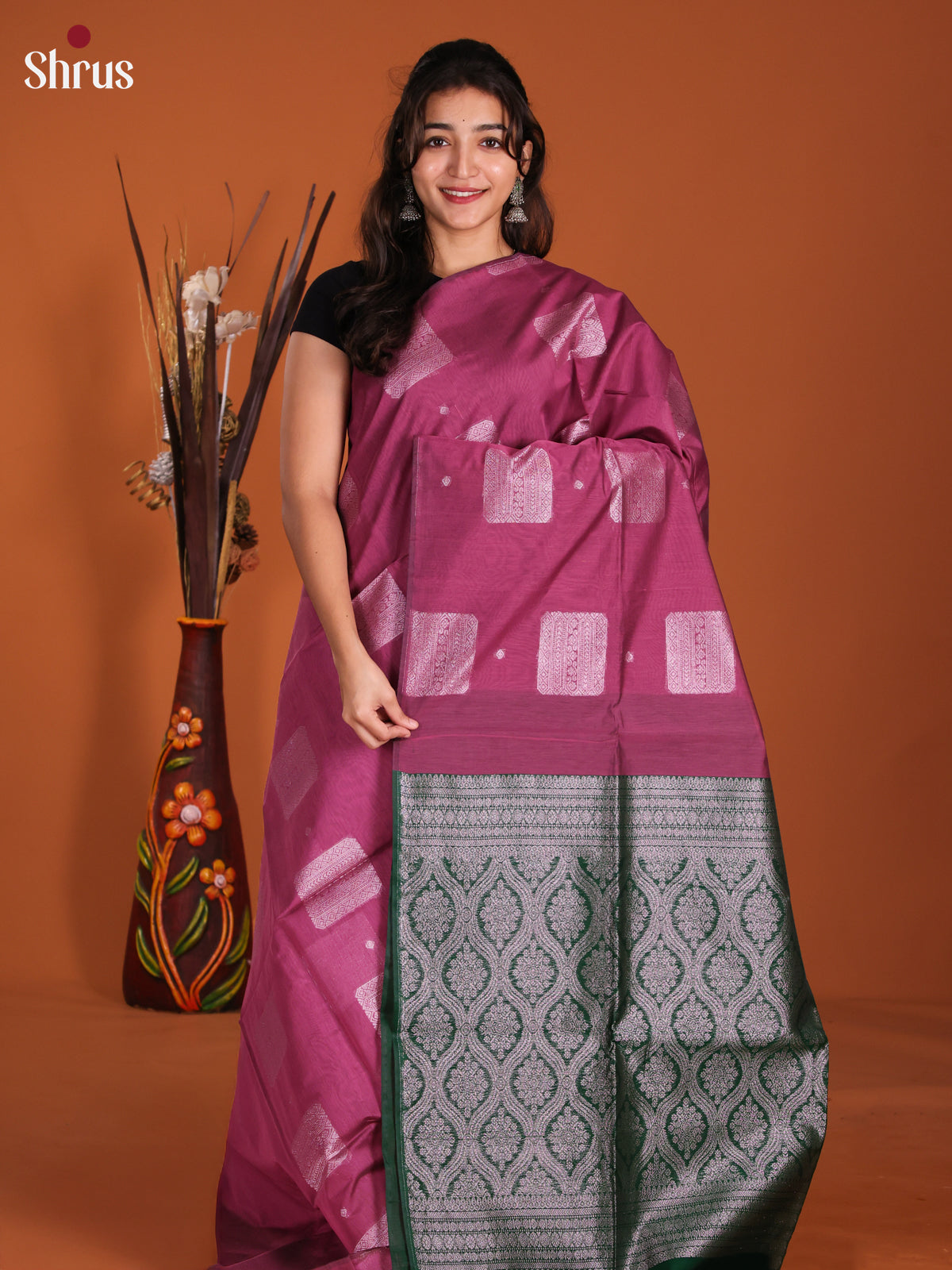 Purple & Green- Semi Silkcotton Saree-DKS26511 - Shop on Shrus.com