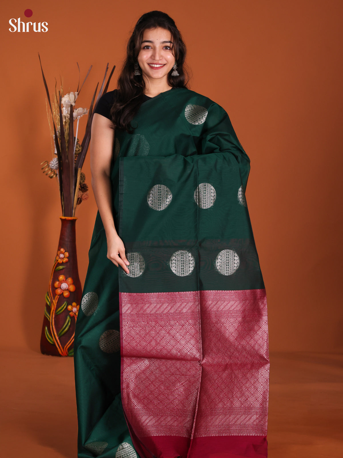 Green & Maroon  - Semi Silkcotton Saree- DKS26512 - Shop on Shrus.com