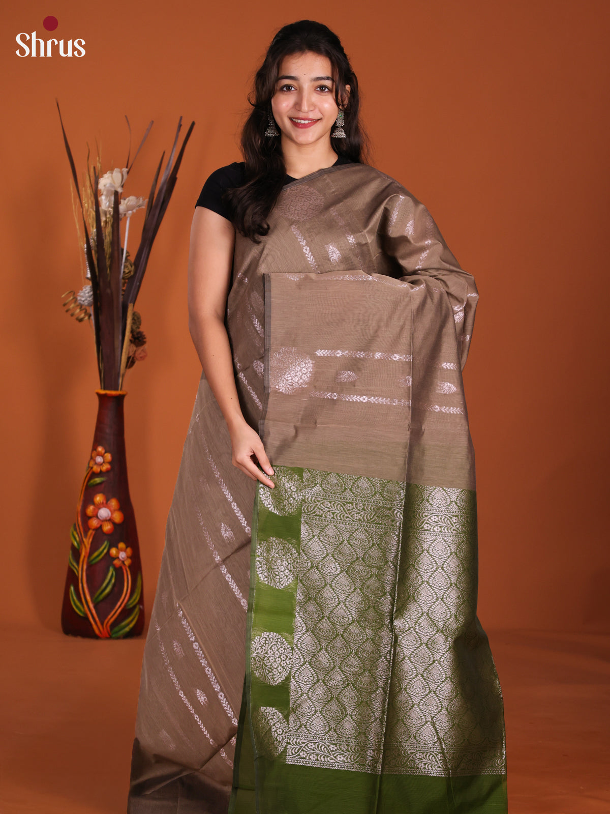 Grey & Green - Semi Silkcotton Saree-DKS26534 - Shop on Shrus.com